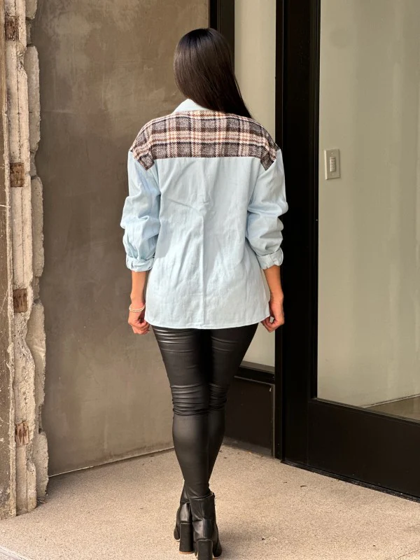 Oversized Denim & Plaid Print Jacket Top - Image 8