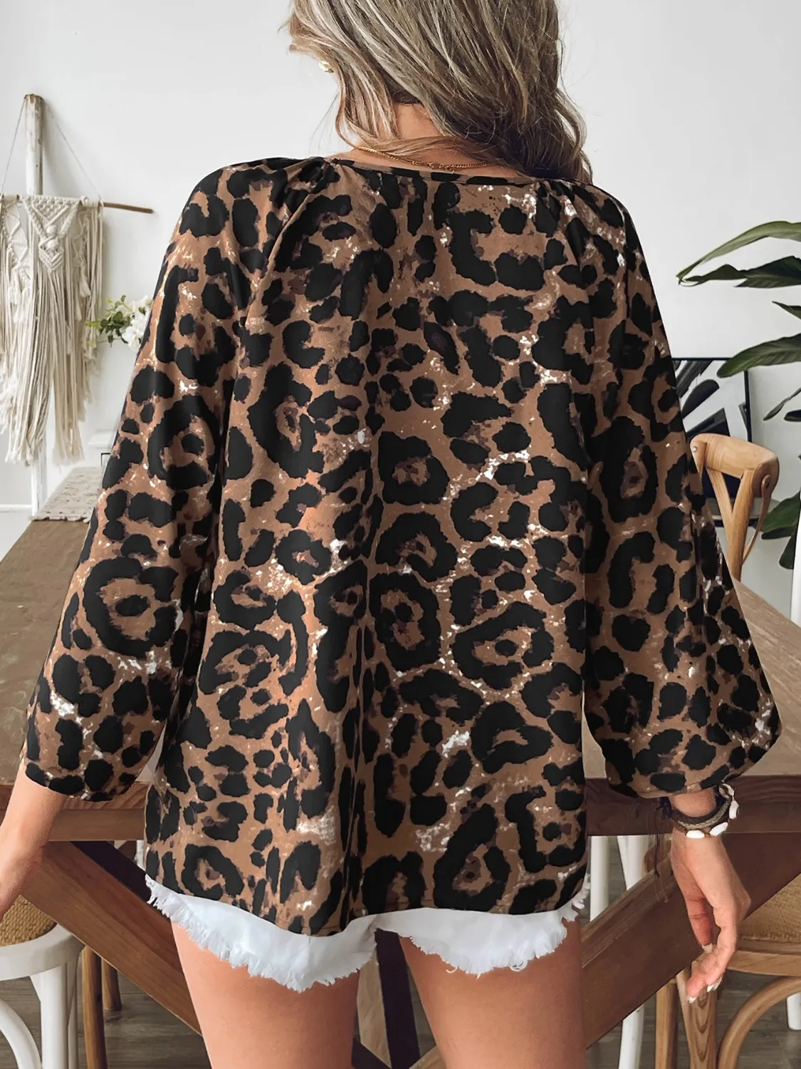 Oversized Leopard V-Neck Three-Quarter Sleeve Blouse - Image 6