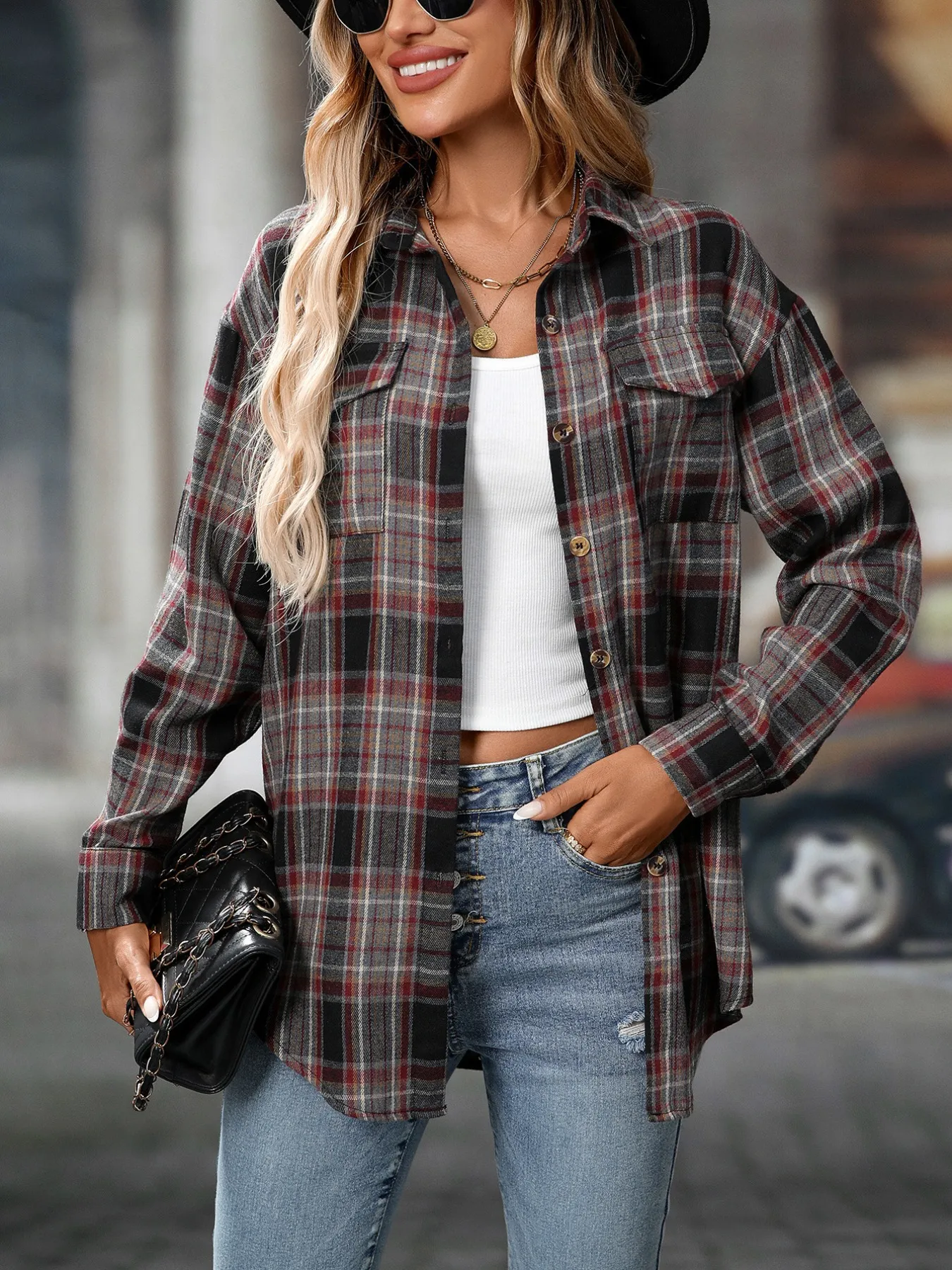 Oversized Plaid Button-Up Shirt - Image 15