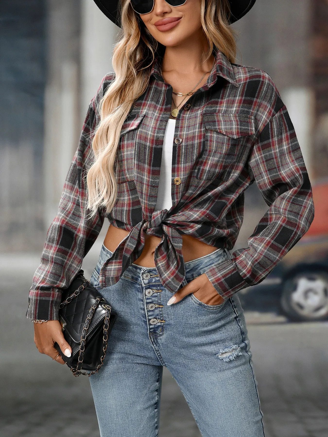 Oversized Plaid Button-Up Shirt - Image 18