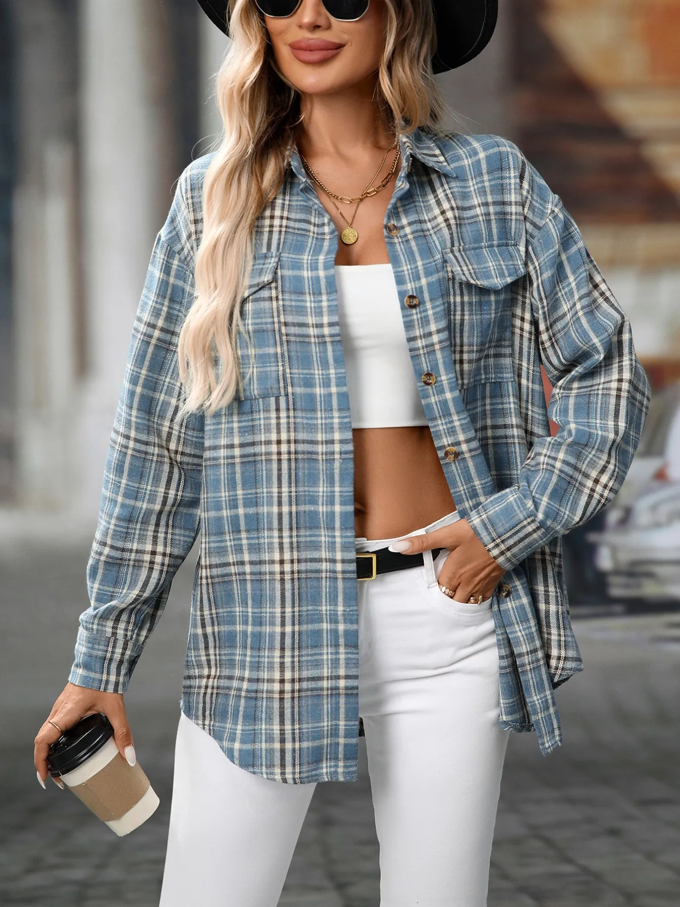 Oversized Plaid Button-Up Shirt - Image 19
