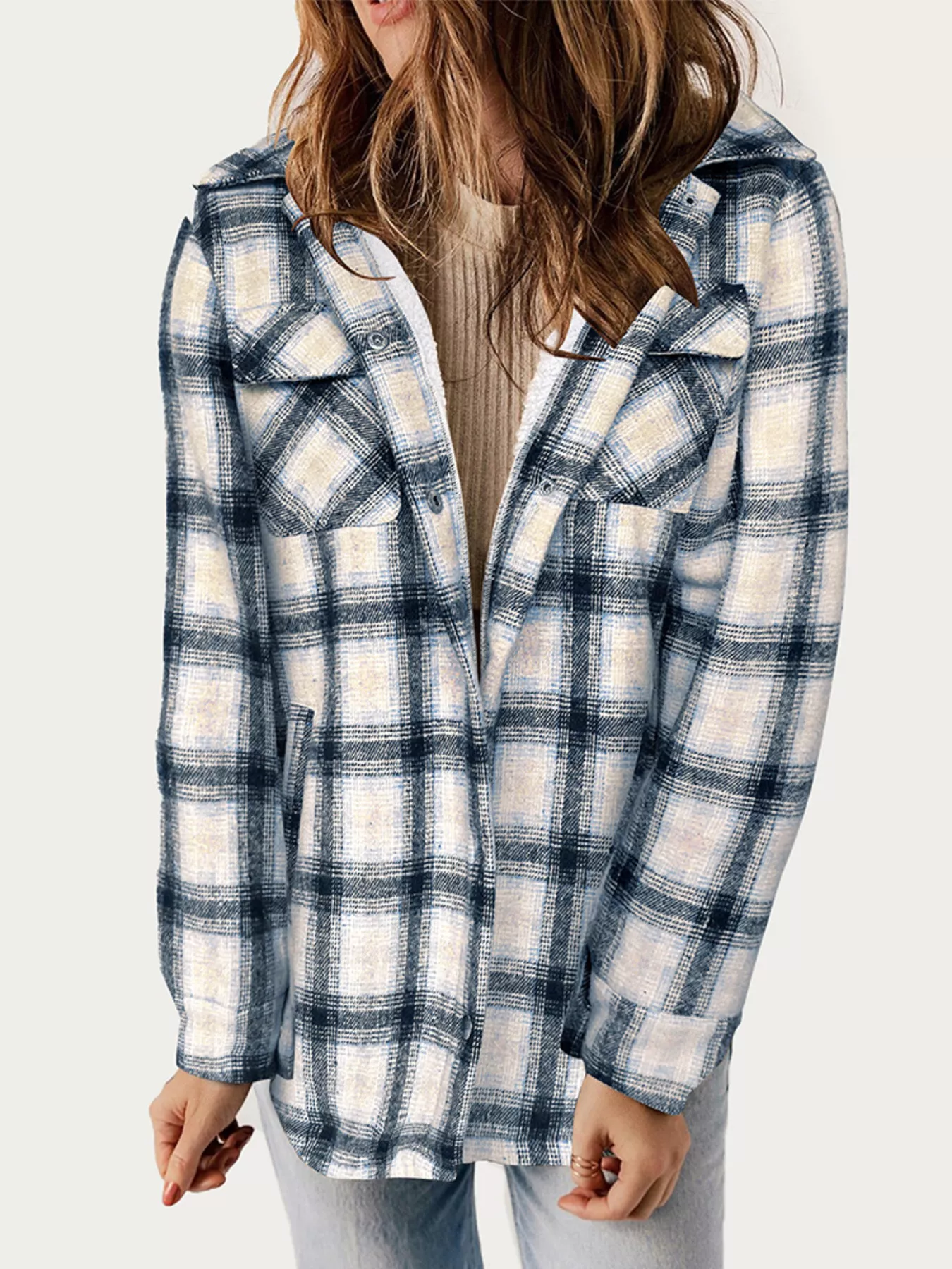Oversized Plaid Long Sleeve Fleece Jacket - Image 4