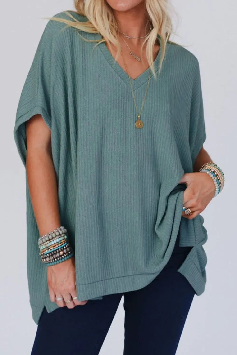 Oversized Ribbed Knit V Neck Dolman Short Sleeve Top - Image 2