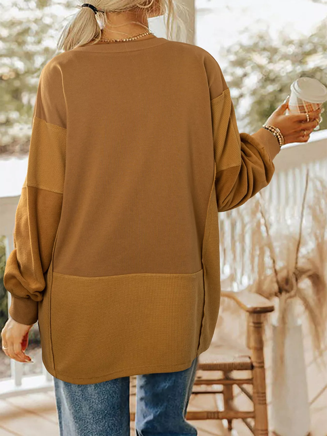 Oversized Textured Split Neck High Low Sweatshirt - Image 2