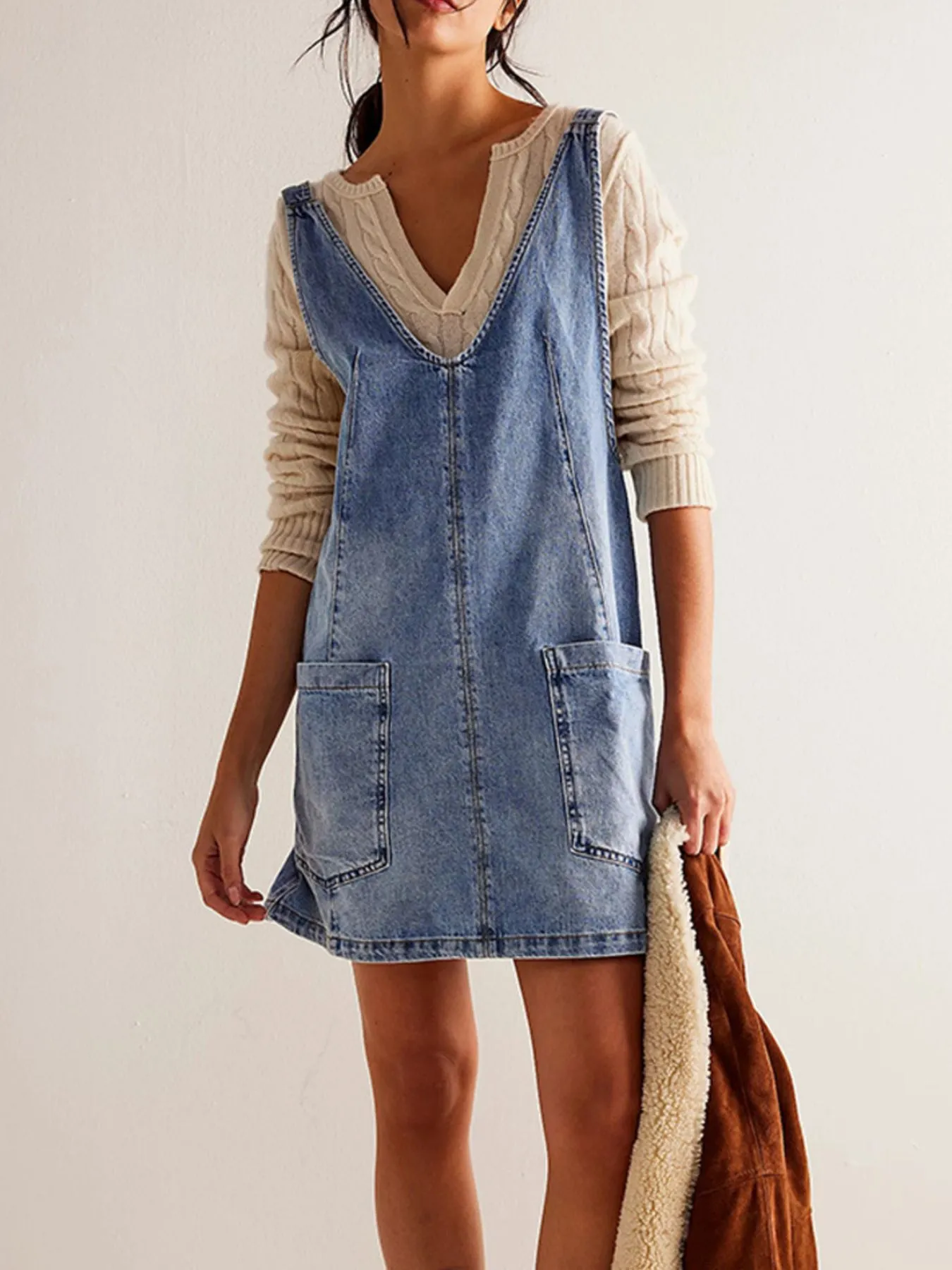 Oversized V-Neck Denim Tank Dress with Front Pockets - Image 5