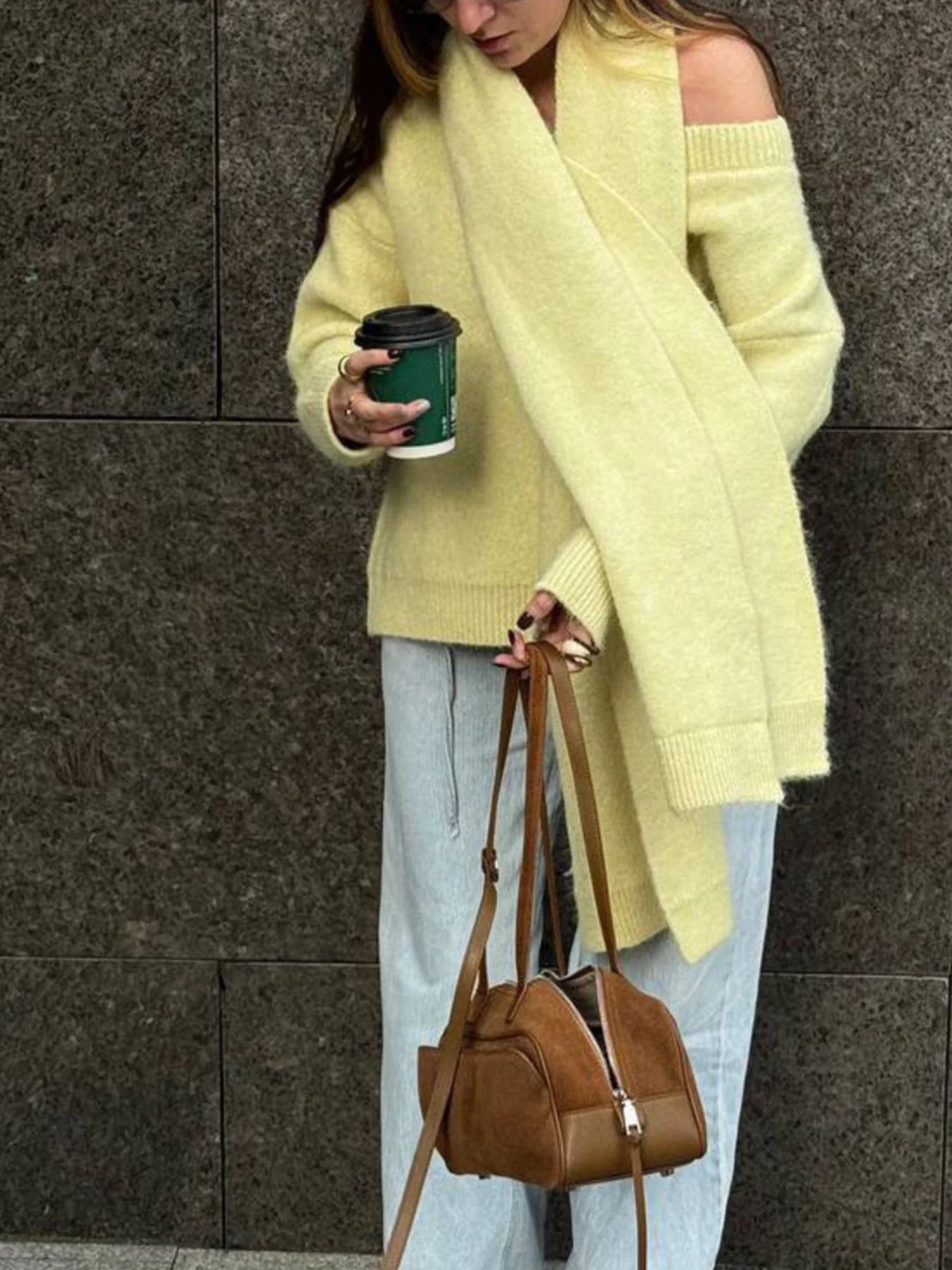 Oversized V-Neck Dropped Shoulder Sweater with Scarf - Image 13
