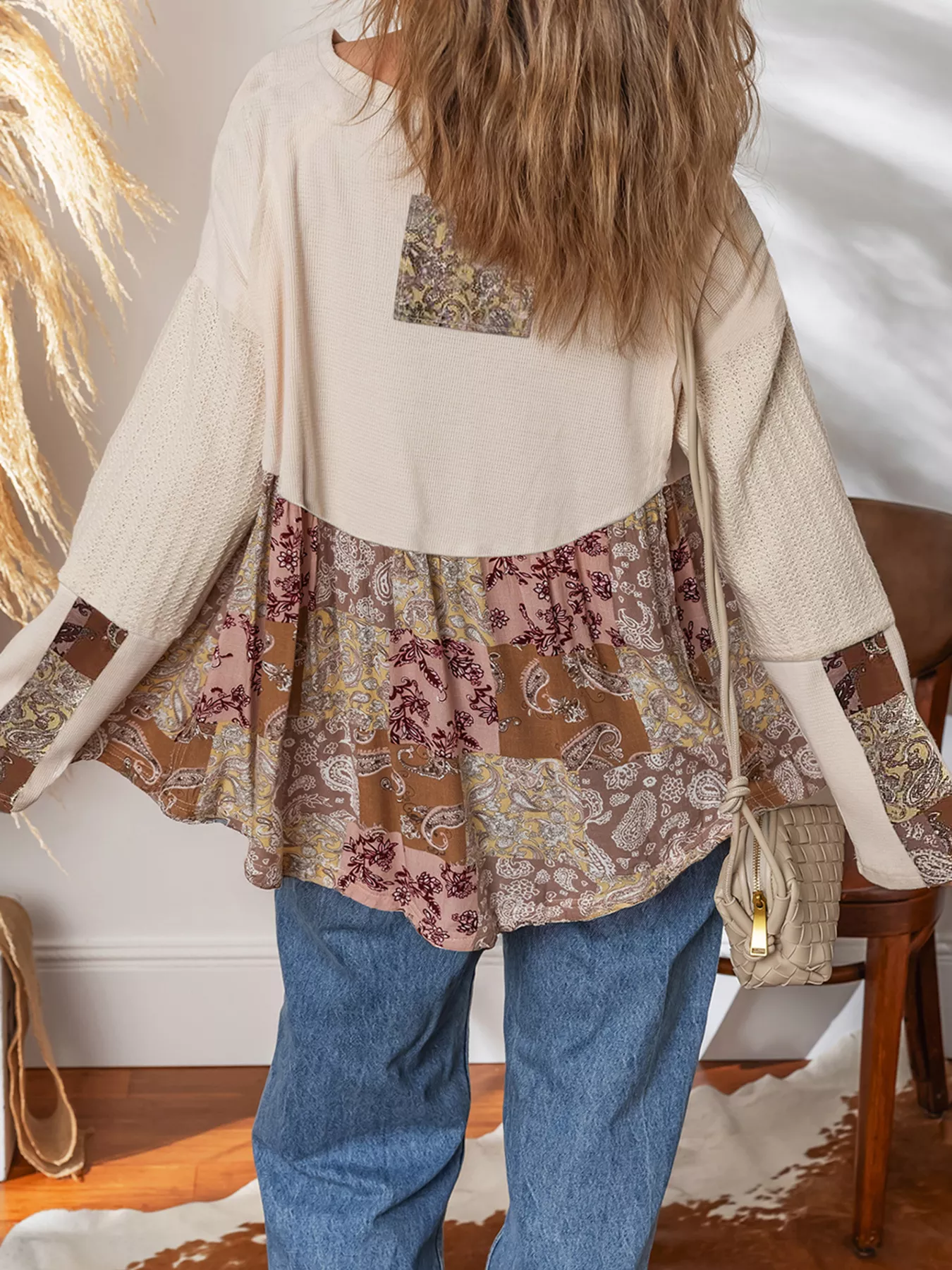 Paisley Ethnic Print Contrast Patchwork Long Sleeve Loose Top - Image 2