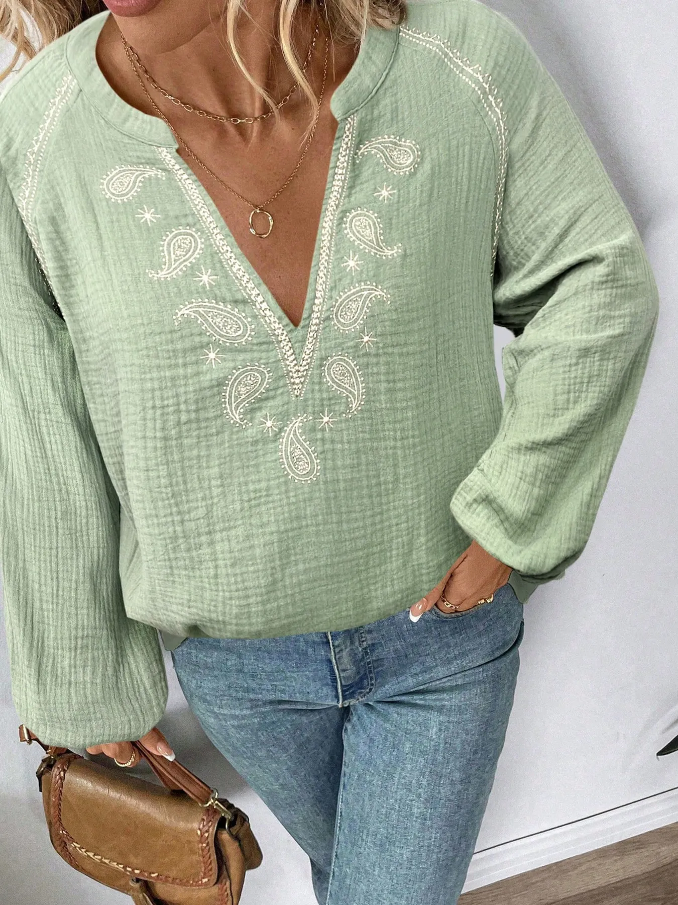 Paisley Pattern Notched Long Sleeve Blouse - Image 19