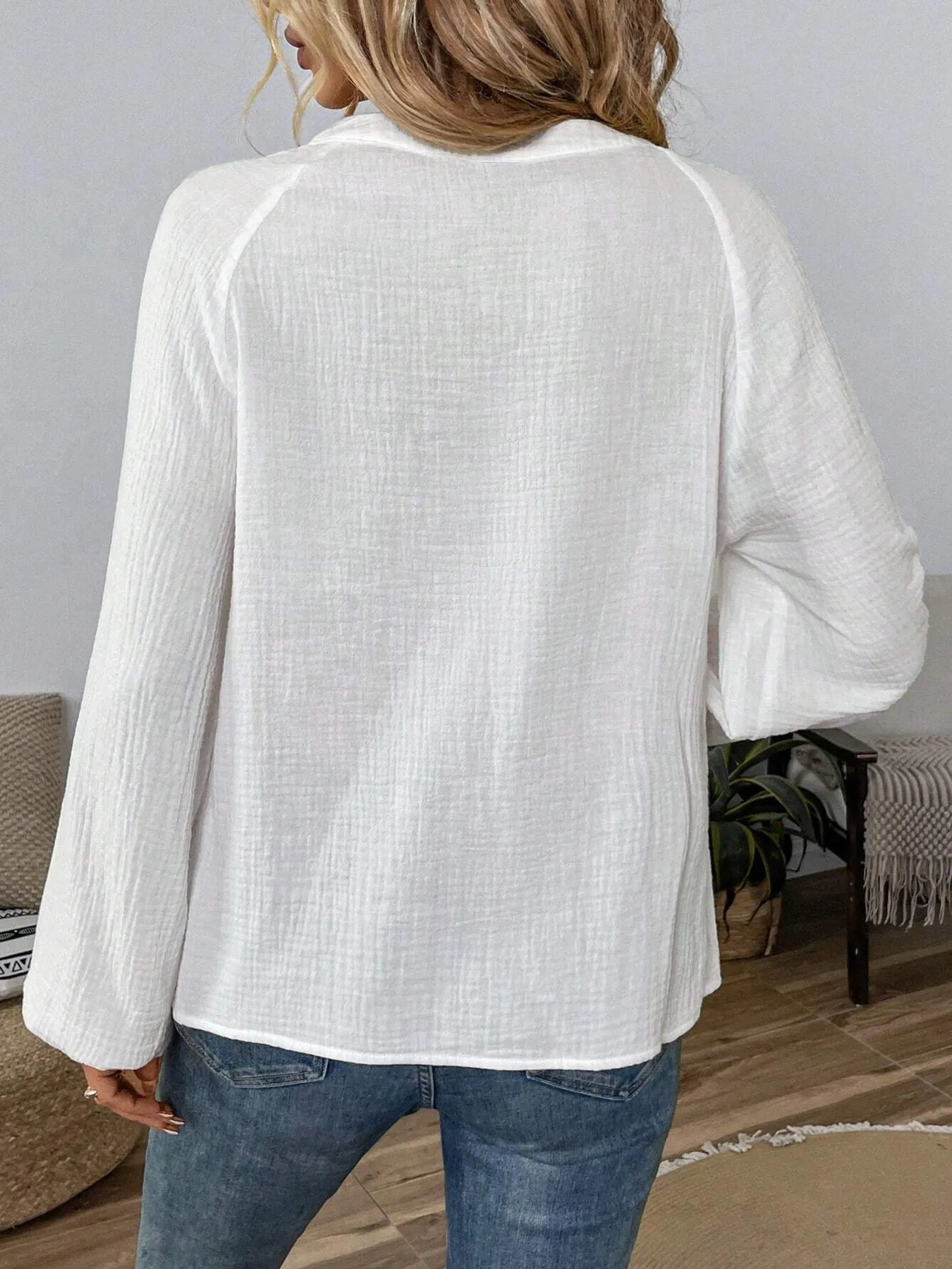 Paisley Pattern Notched Long Sleeve Blouse - Image 6