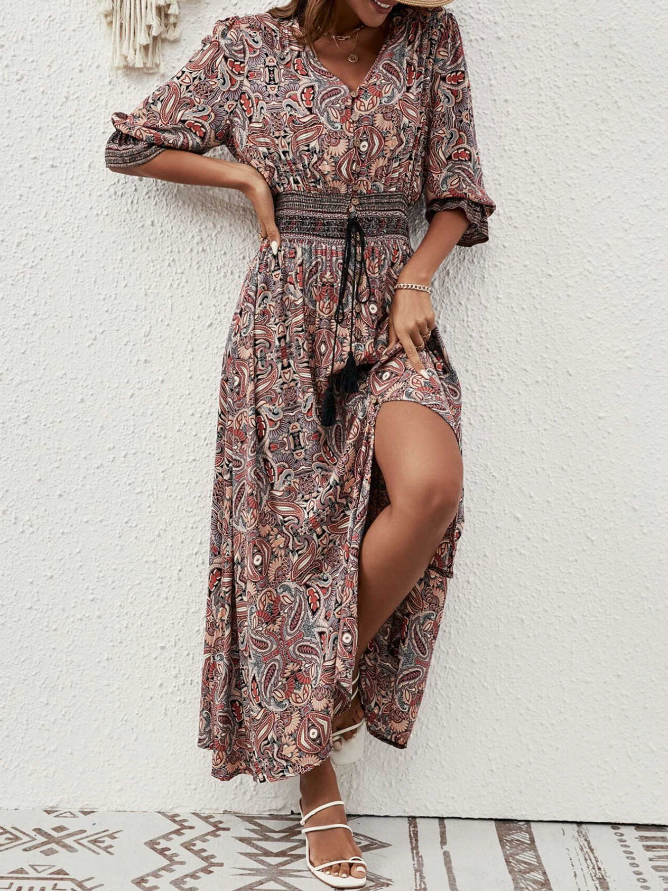 Paisley Print Half Sleeve Slit Midi Dress - Image 10