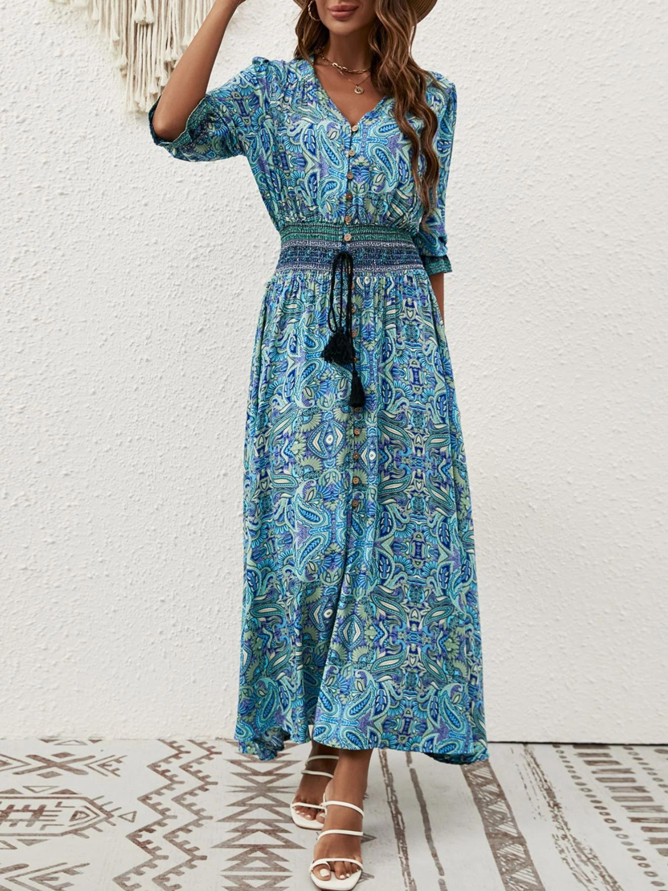 Paisley Print Half Sleeve Slit Midi Dress - Image 5