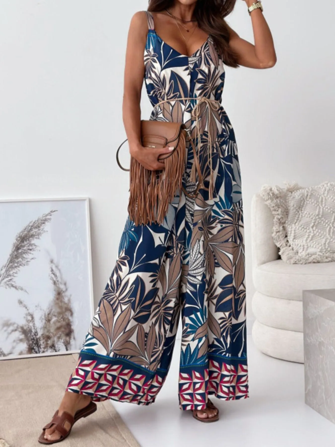 Paisley Print Spaghetti Strap Wide Leg Jumpsuit - Image 7