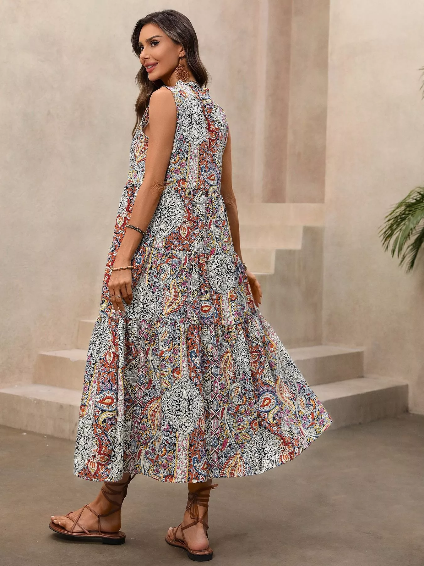 Paisley Print Tie Neck Sleeveless Midi Dress - Image 6