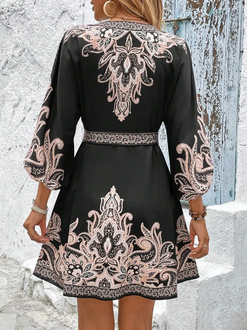 Paisley V-Neck 3/4 Sleeve Mini Dress - Image 14