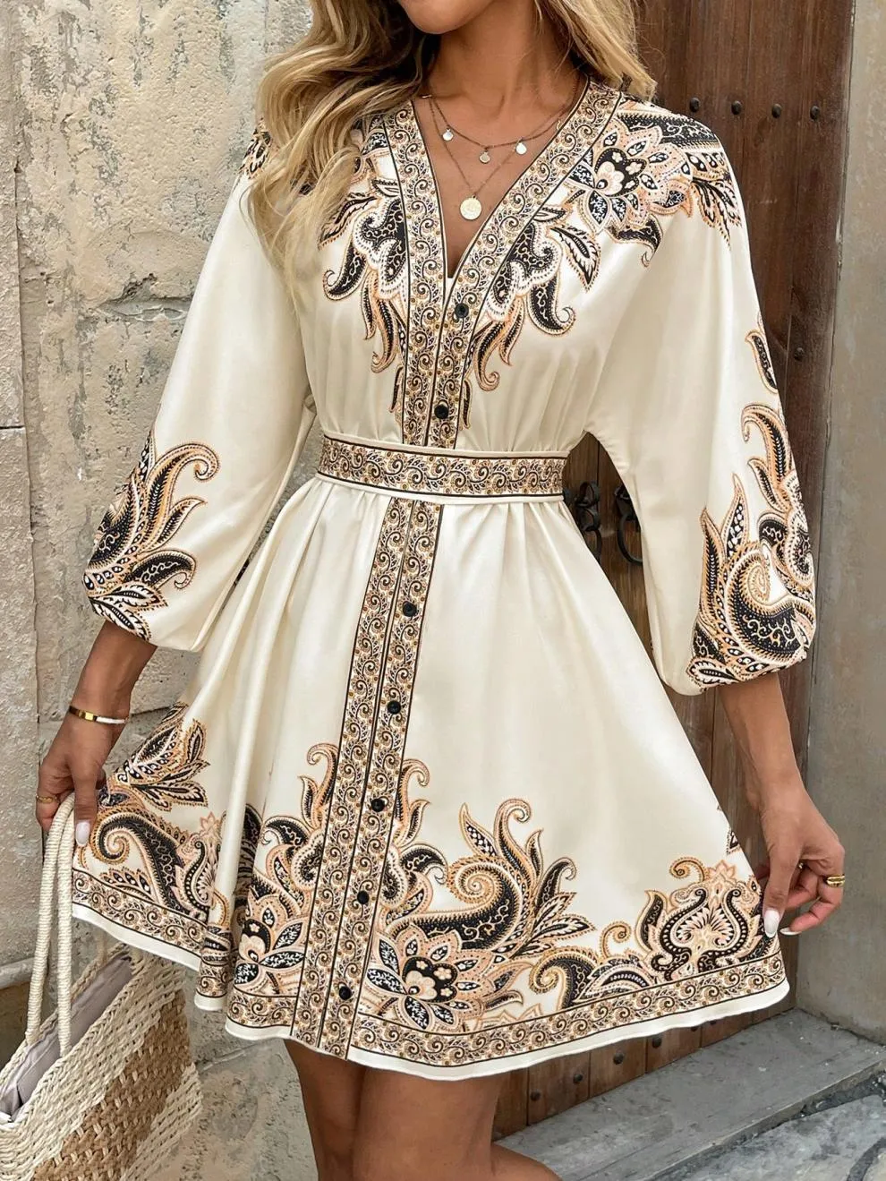 Paisley V-Neck 3/4 Sleeve Mini Dress - Image 7