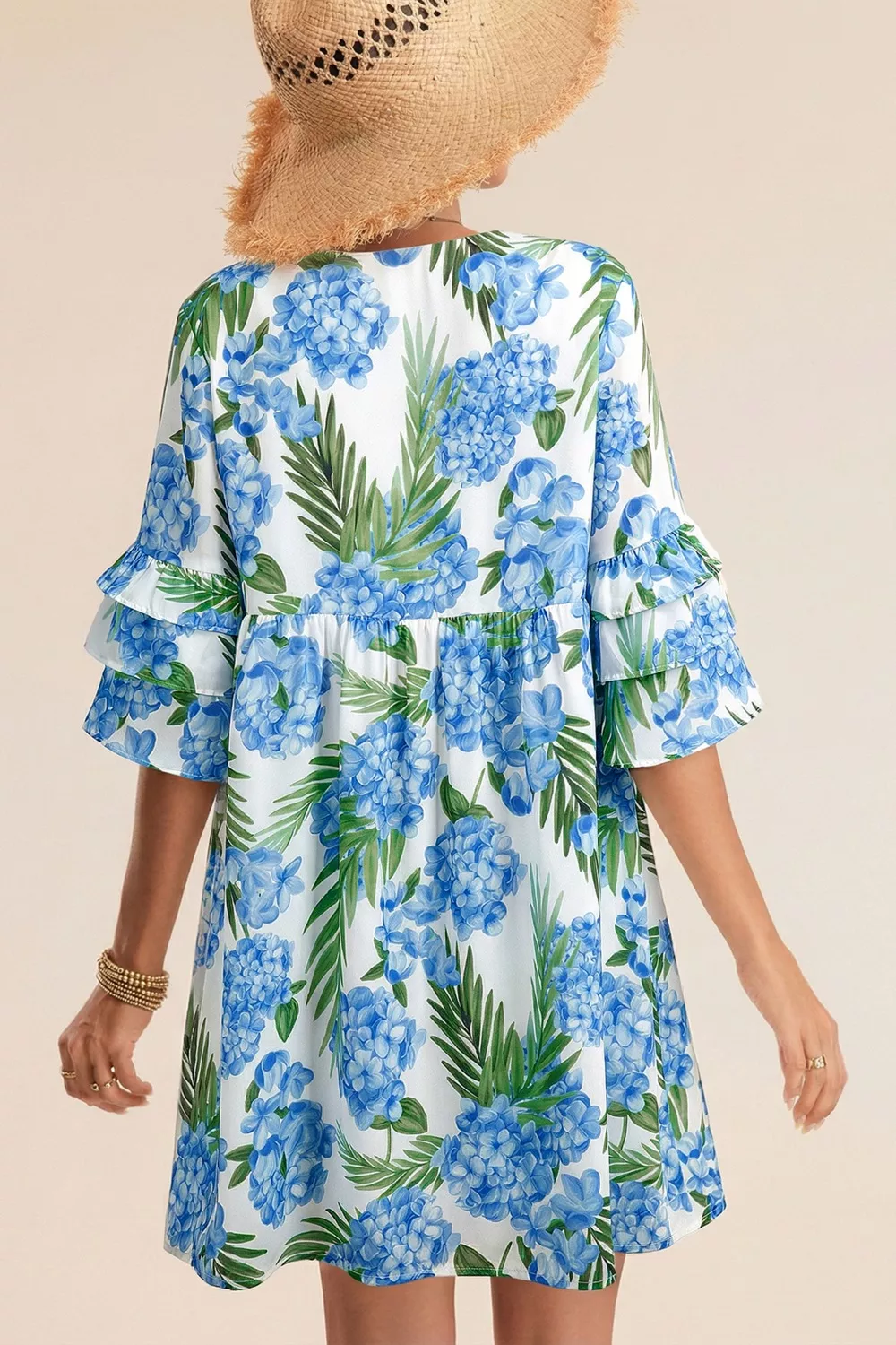 Palm Floral Print Contrast Ribbon Knot Ruffle Tiered Sleeve Mini Dress - Image 2