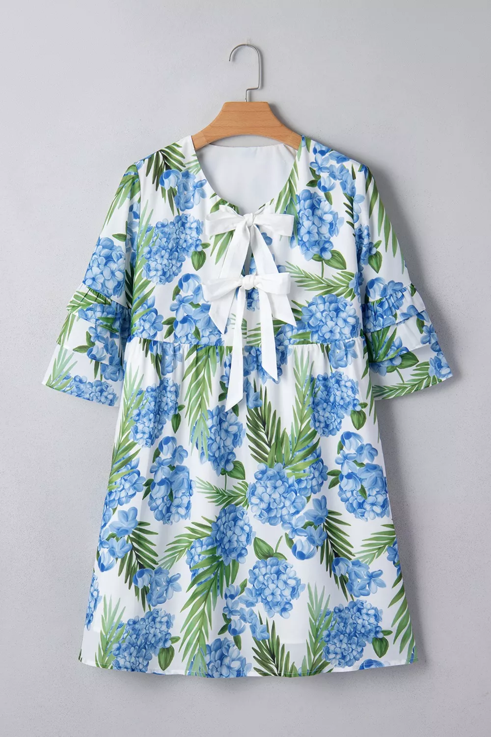 Palm Floral Print Contrast Ribbon Knot Ruffle Tiered Sleeve Mini Dress - Image 3
