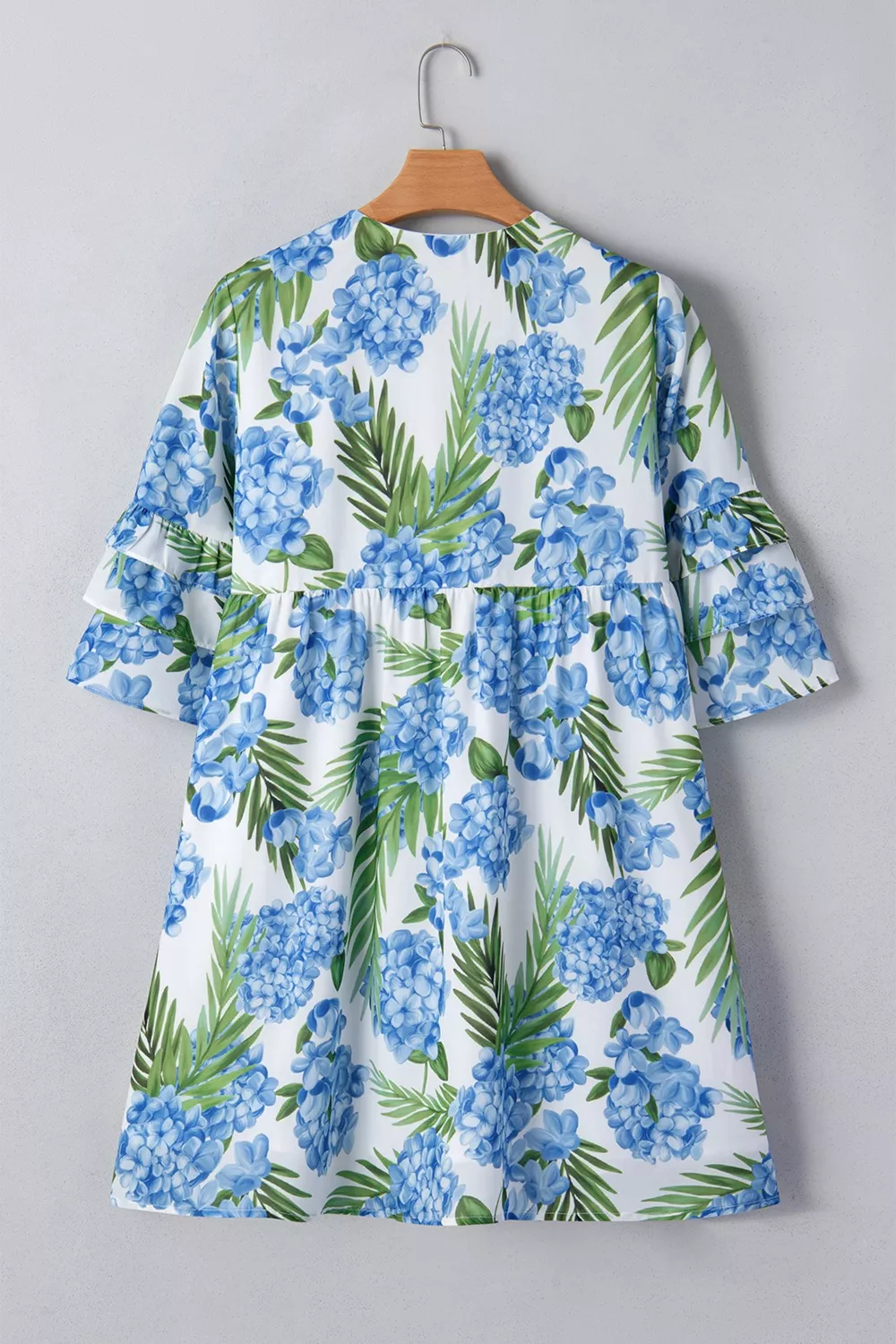 Palm Floral Print Contrast Ribbon Knot Ruffle Tiered Sleeve Mini Dress - Image 4