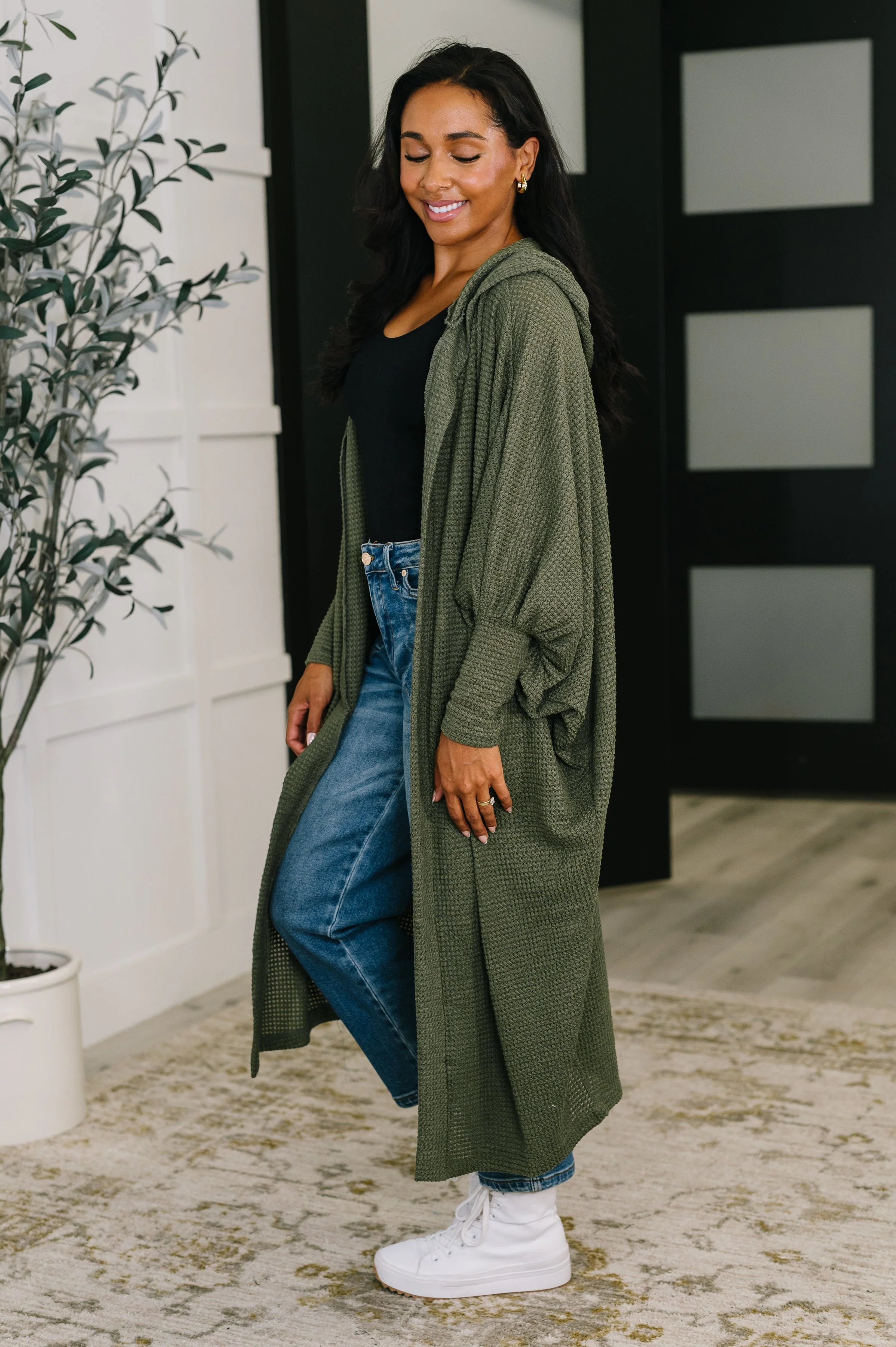 Pamper Travel Hooded Cardigan in Olive - Image 2