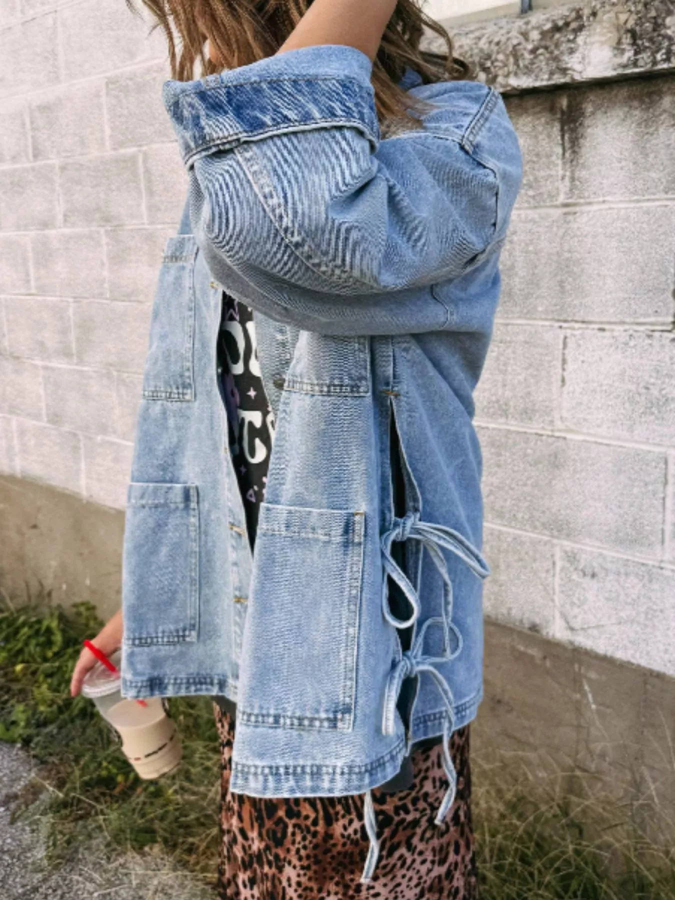 Patched Pockets Side Tie Denim Jacket - Image 4