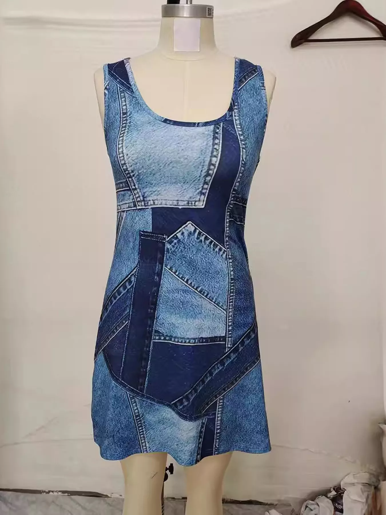 Patchwork Denim Sleeveless Dress - Image 3