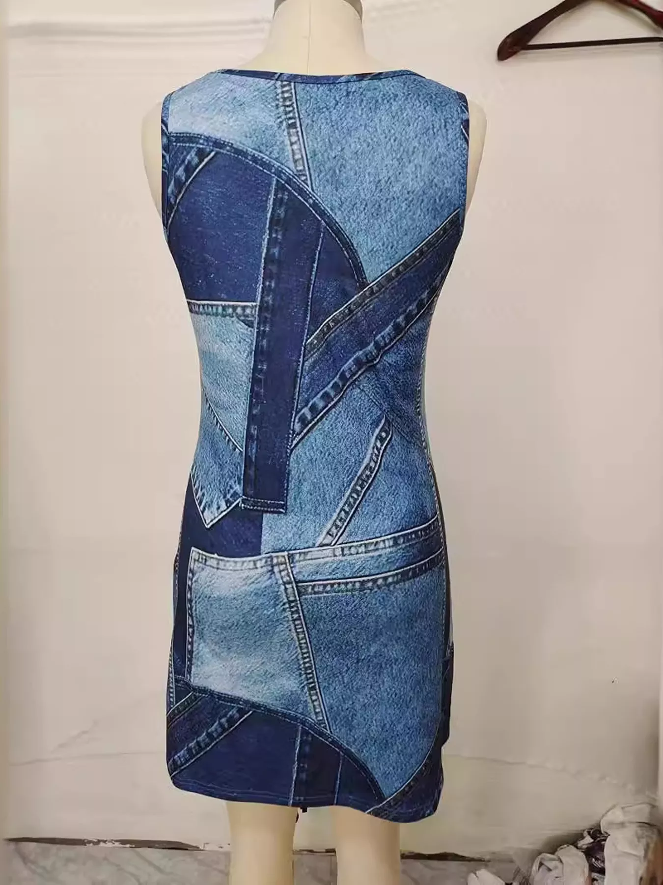 Patchwork Denim Sleeveless Dress - Image 4
