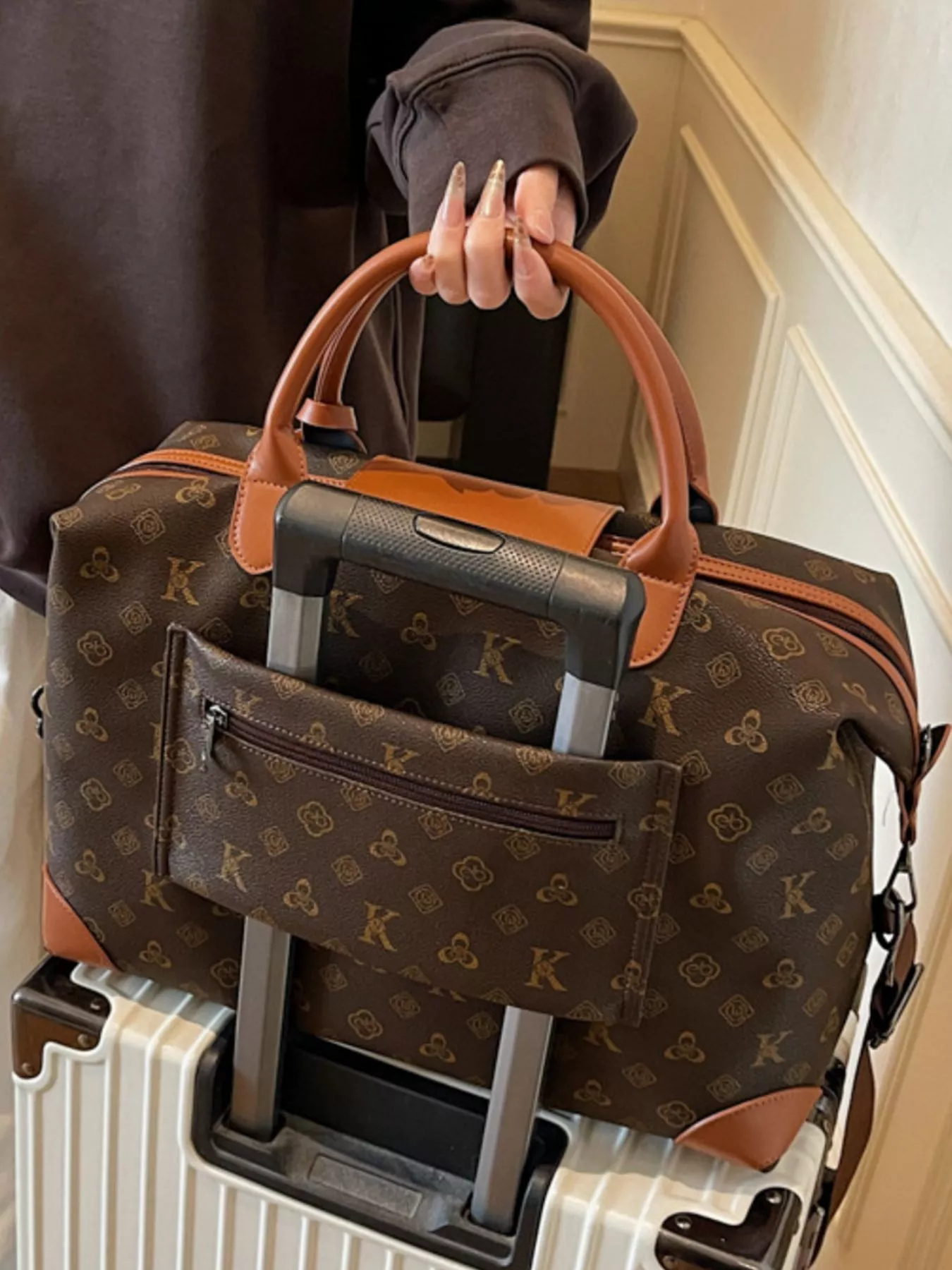 Patterned Leather Trim Crossbody Bag - Image 6