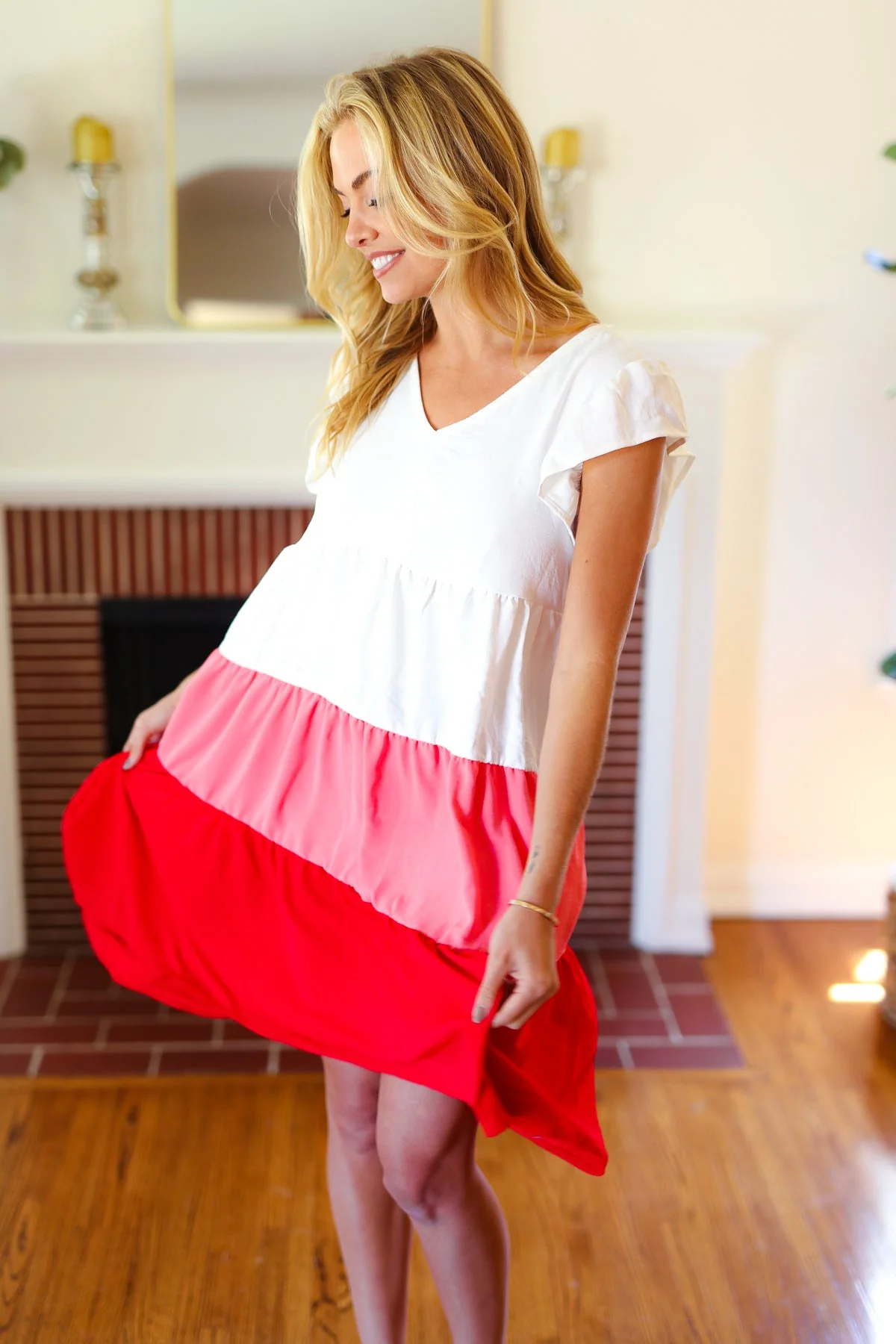 Peach & Cherry Red Tiered Frill Sleeve Midi Dress - Image 5