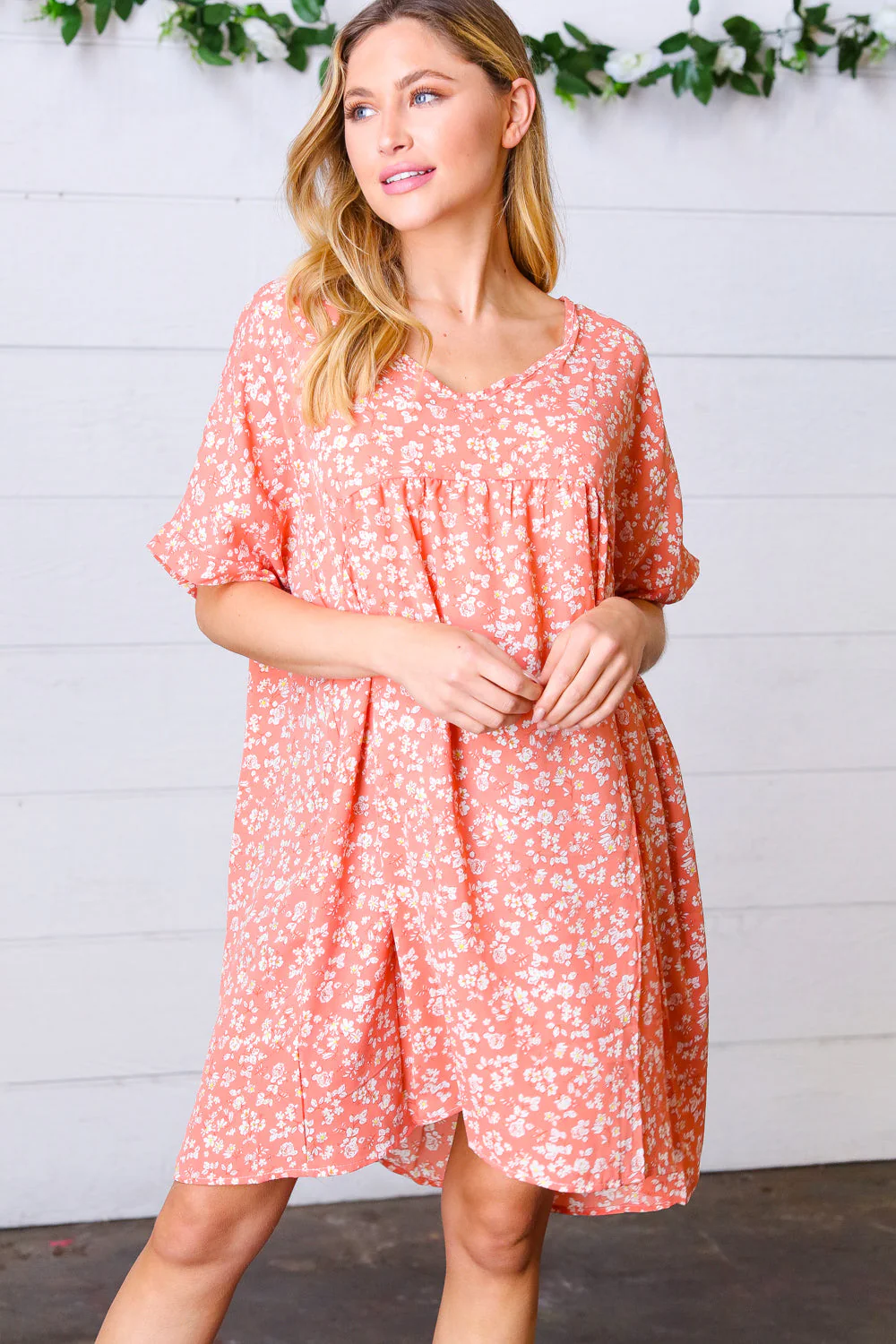 Peach Ditzy Floral Woven Dolman V Neck Dress - Image 8