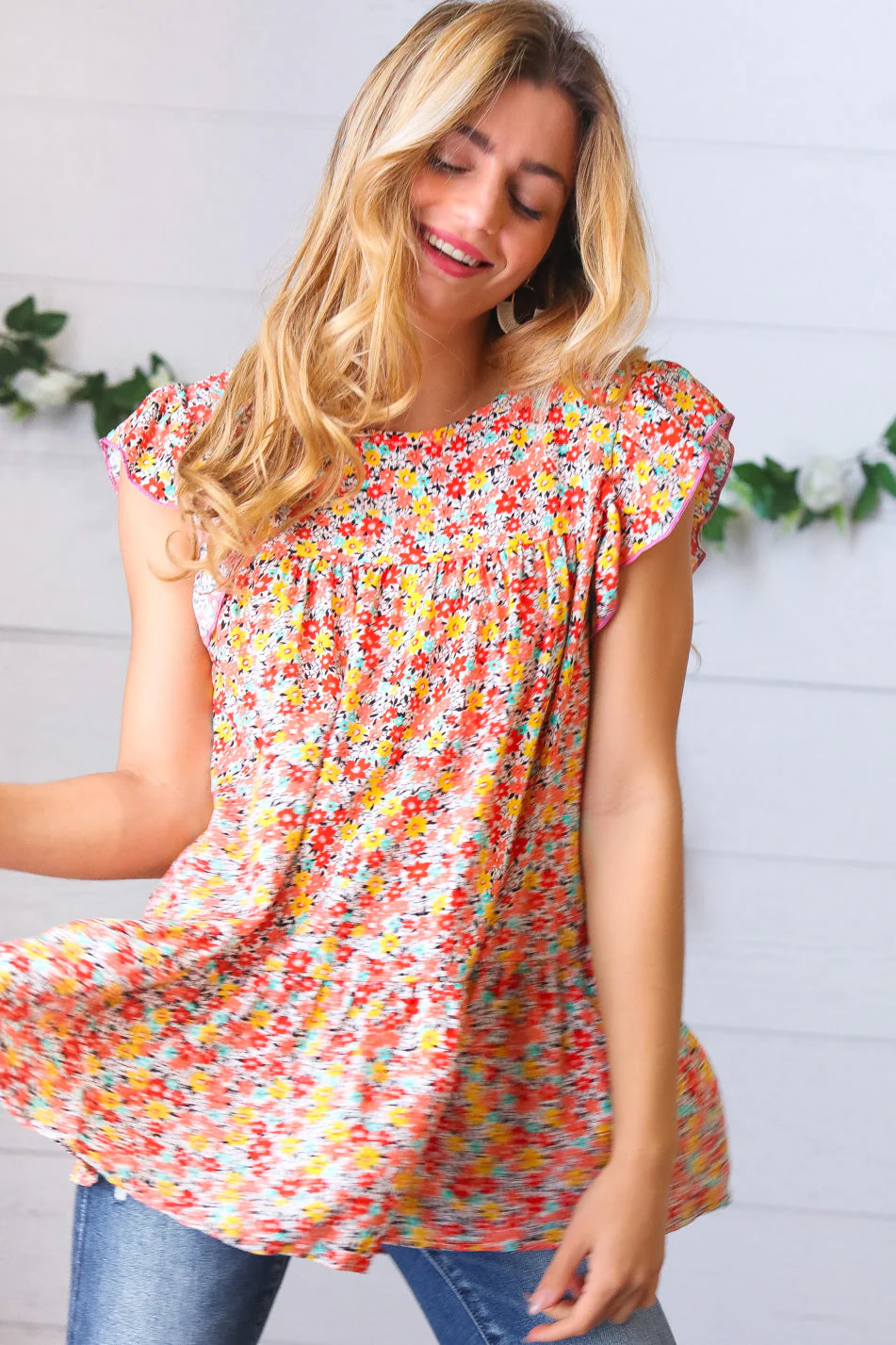 Sunset Floral Print Ruffle Tiered Keyhole Top - Image 6