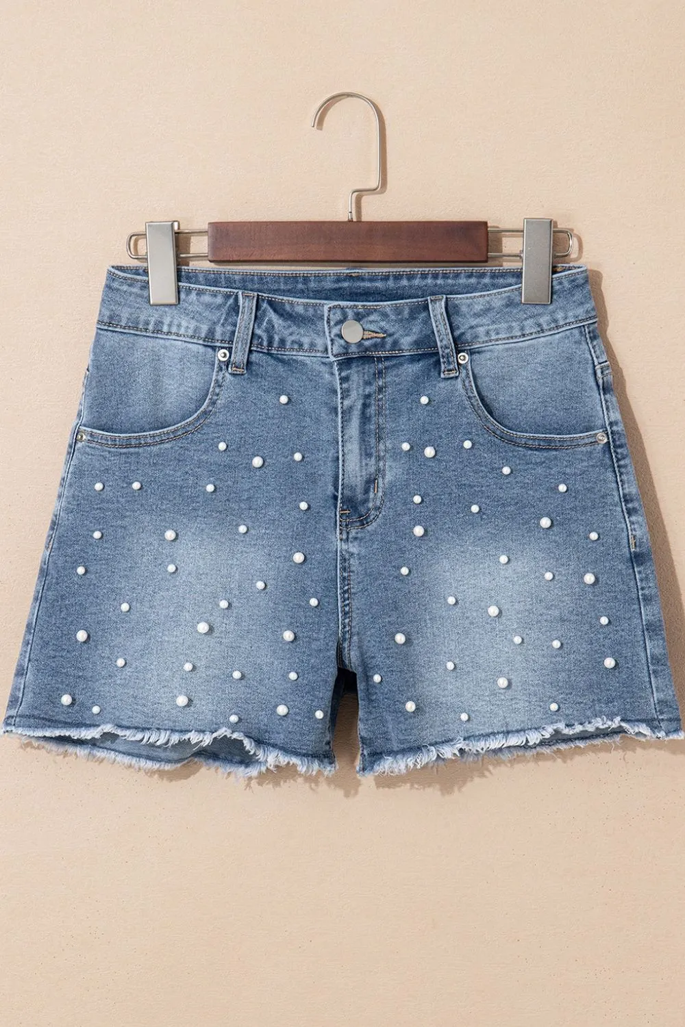 Pearl Beaded Raw Hem Wash Denim Shorts - Image 5