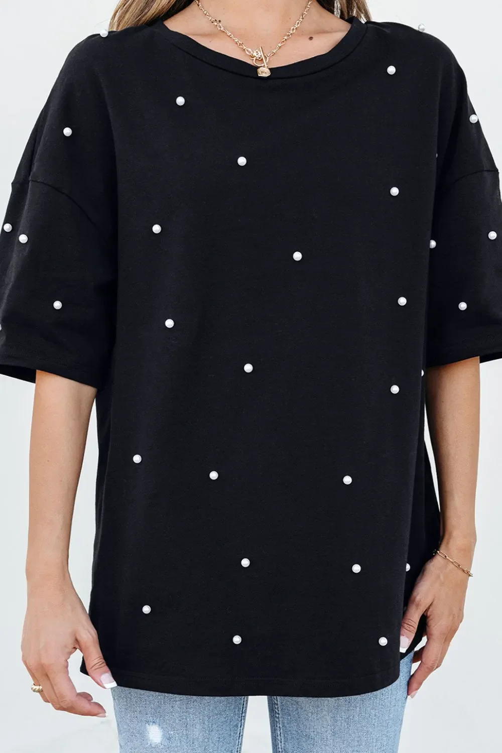 Pearl Beaded Round Neck Half Sleeve T Shirt - Image 5