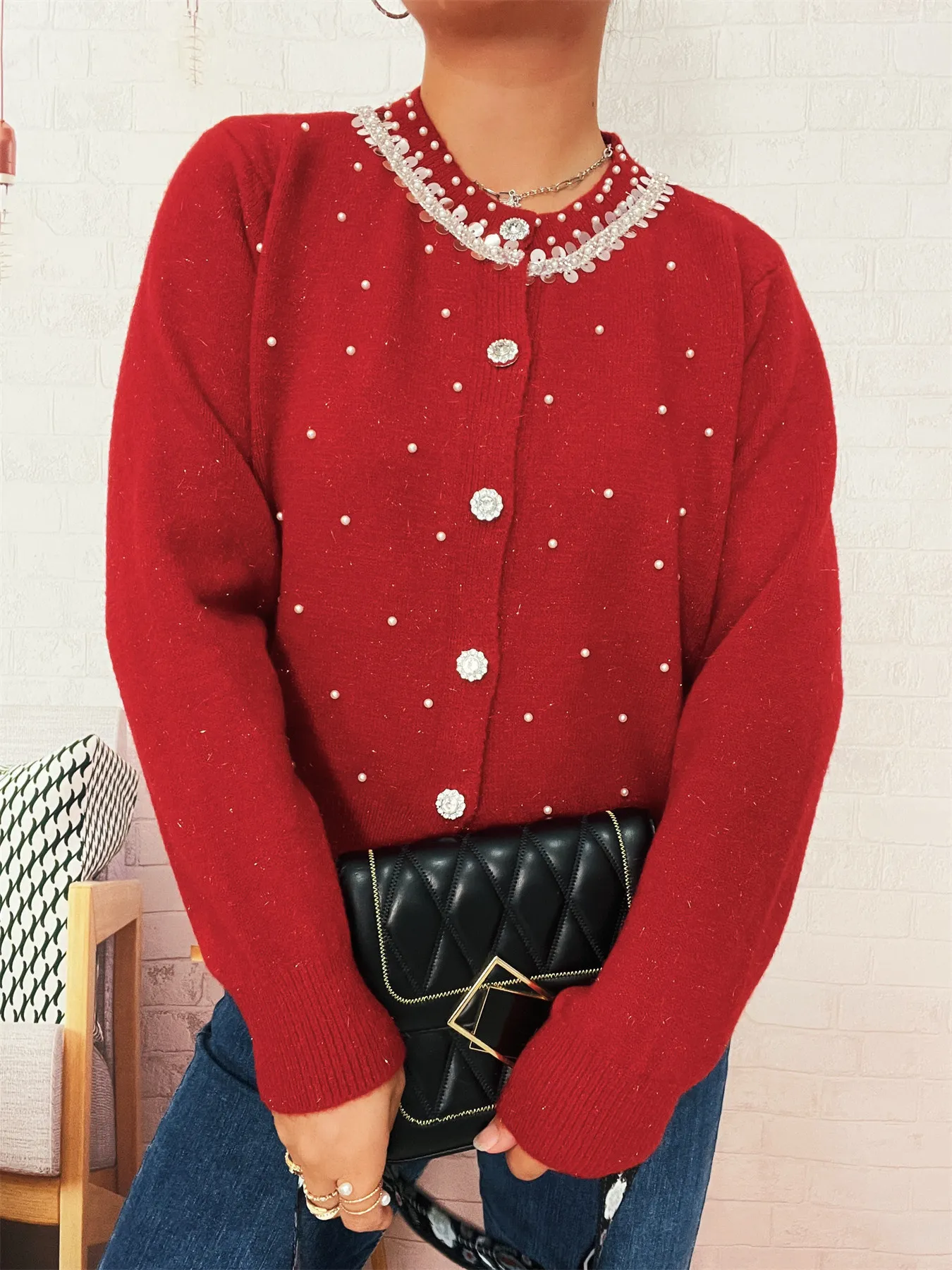 Pearl Detail Button-Front Cardigan - Image 5