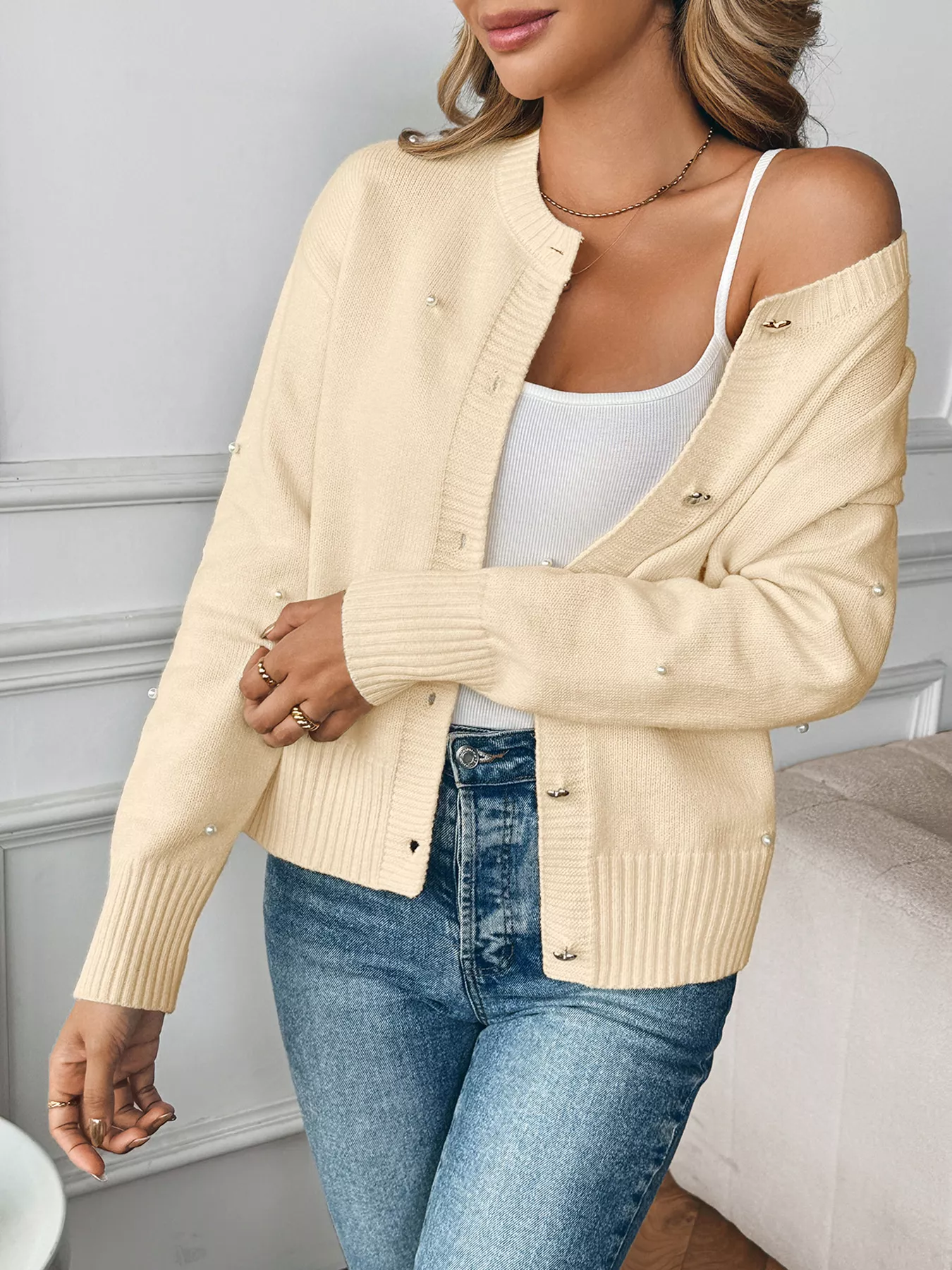Pearl Embellished Button-Up Cardigan - Image 3