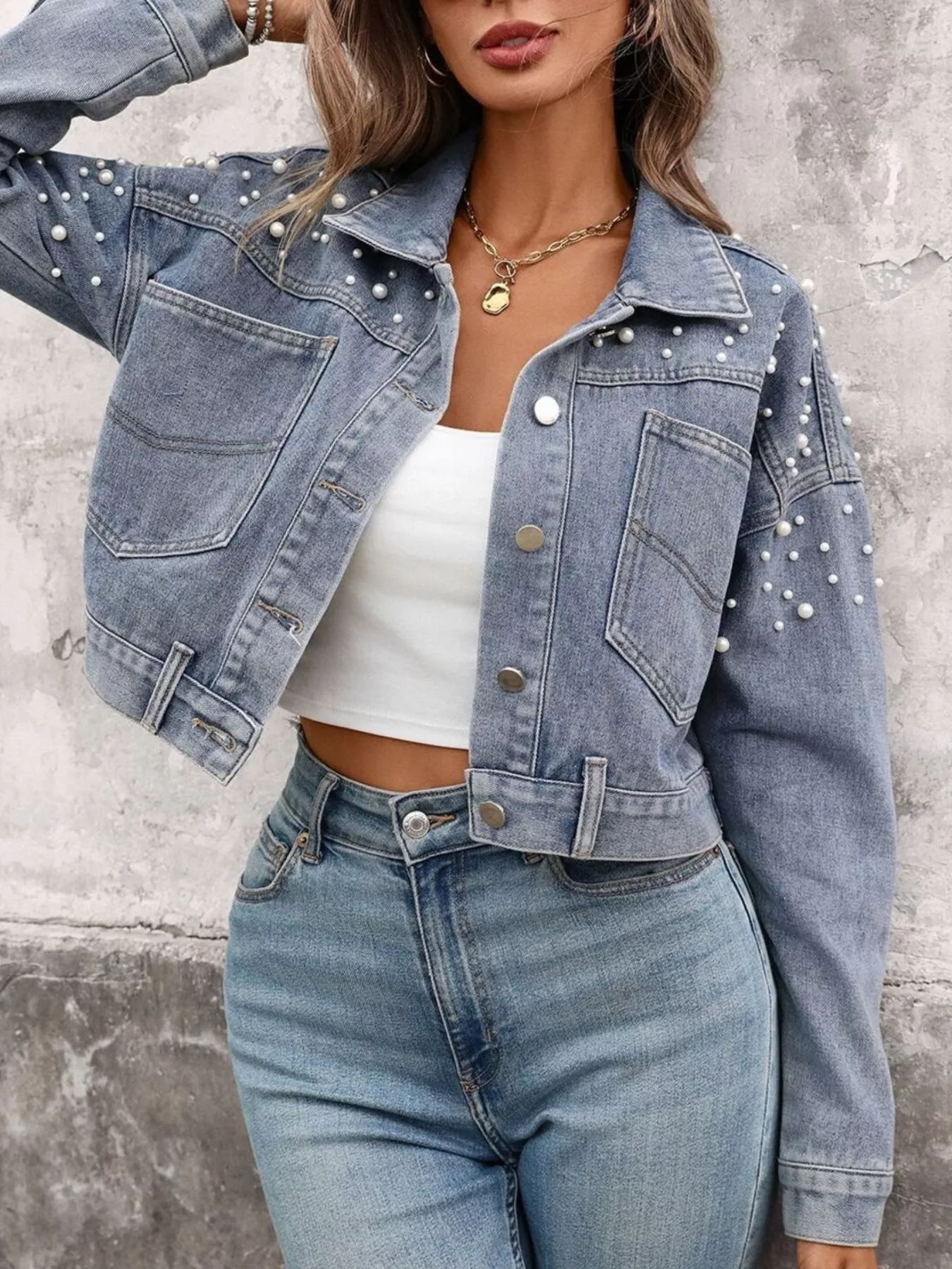 Pearl Embellished Cropped Denim Jacket - Image 3