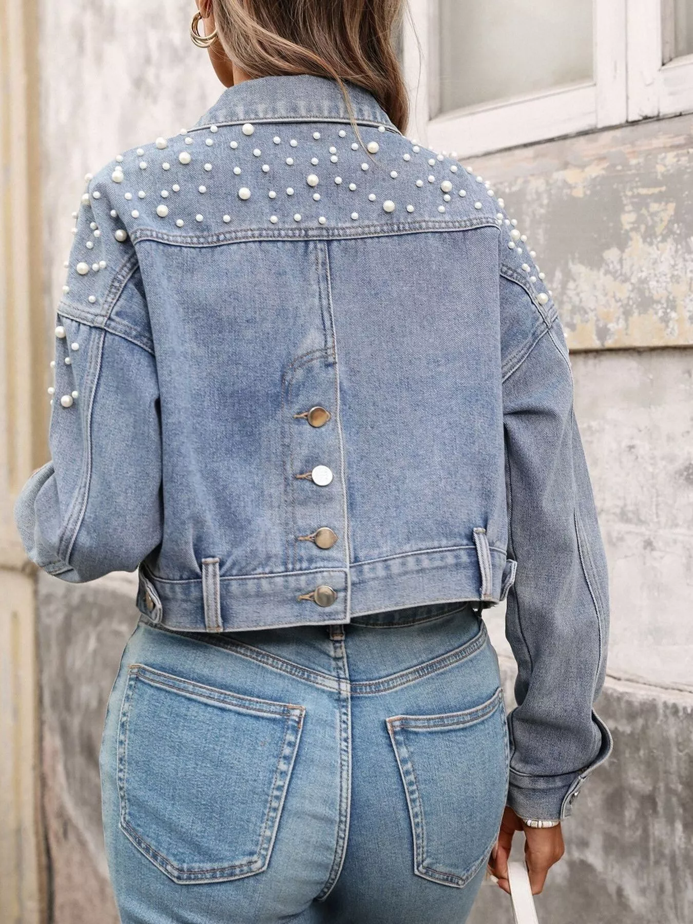 Pearl Embellished Cropped Denim Jacket - Image 4