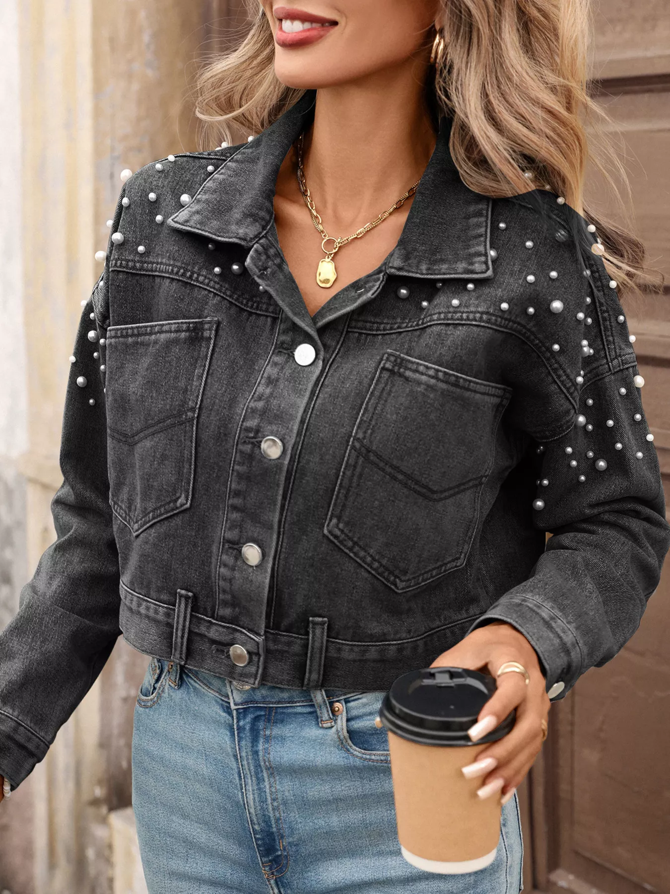 Pearl Embellished Cropped Denim Jacket - Image 7