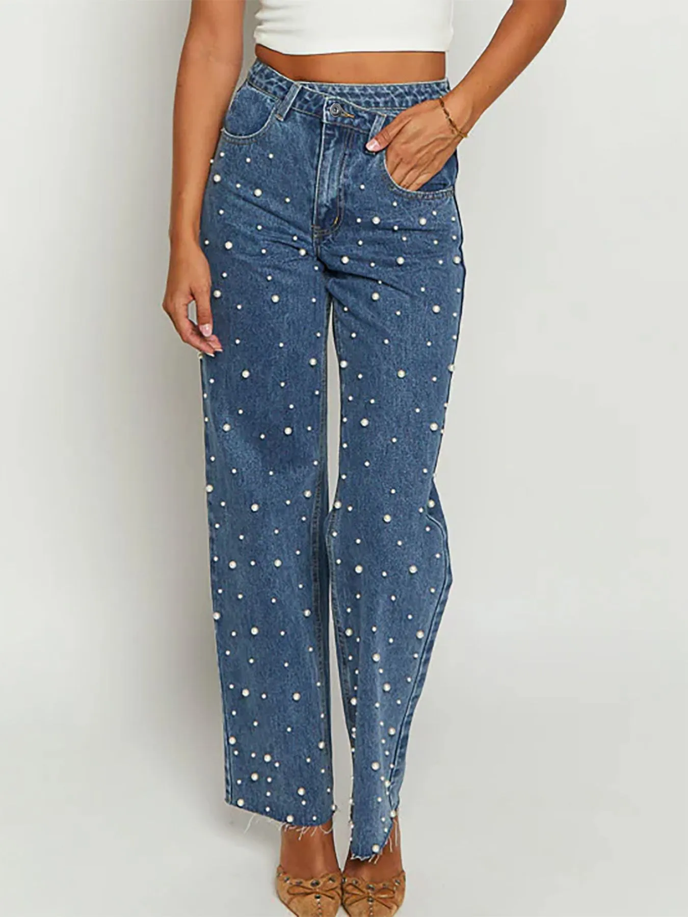Pearl Embellished High Waist Straight Leg Jeans - Image 2