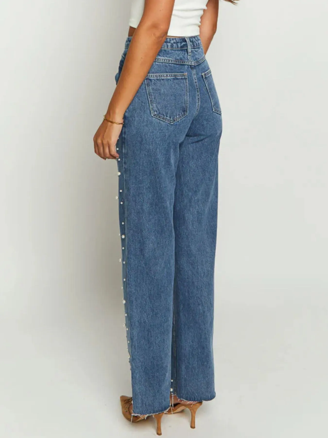 Pearl Embellished High Waist Straight Leg Jeans - Image 3