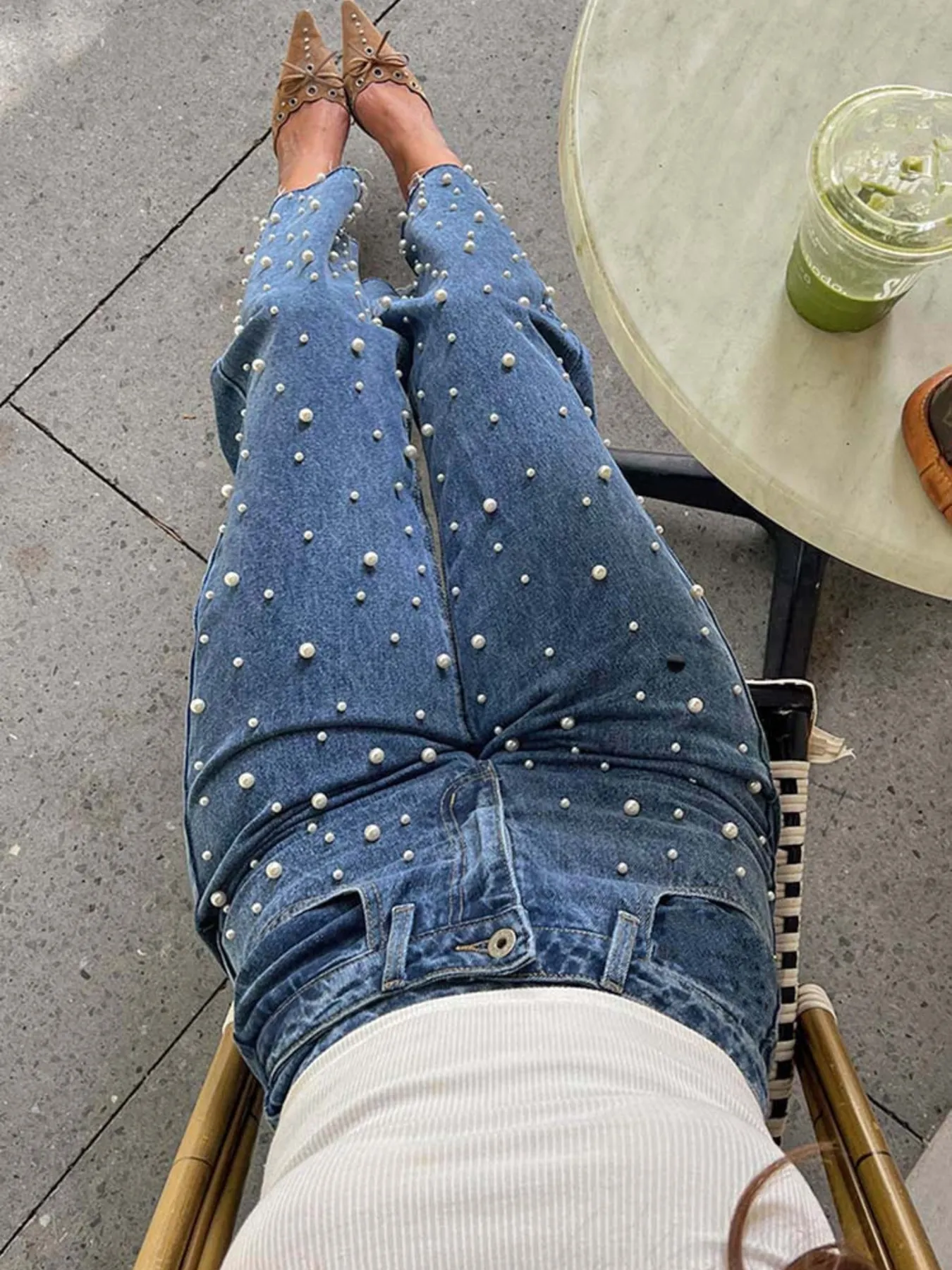 Pearl Embellished High Waist Straight Leg Jeans - Image 5