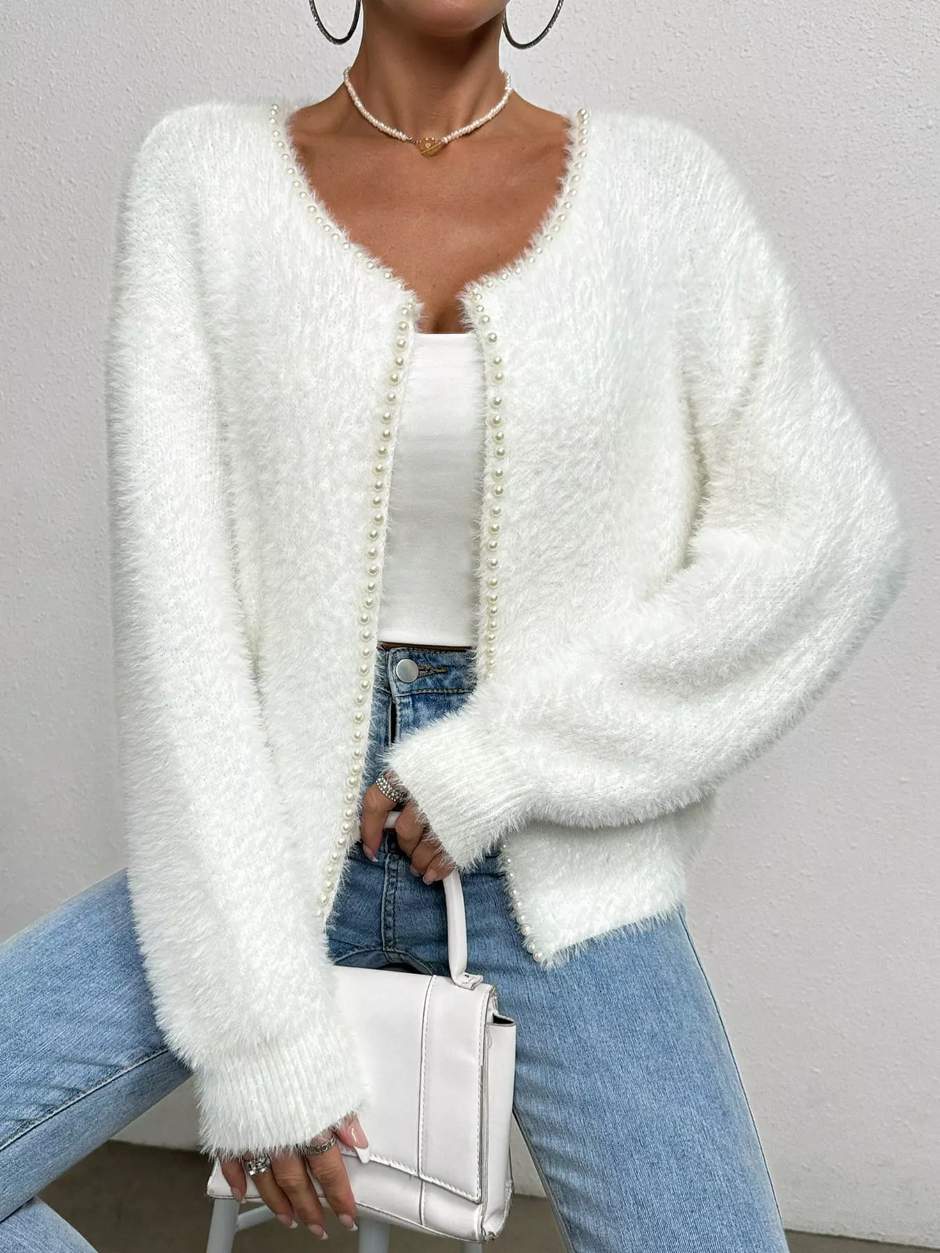 Pearl Trim Fuzzy Knit Cardigan
