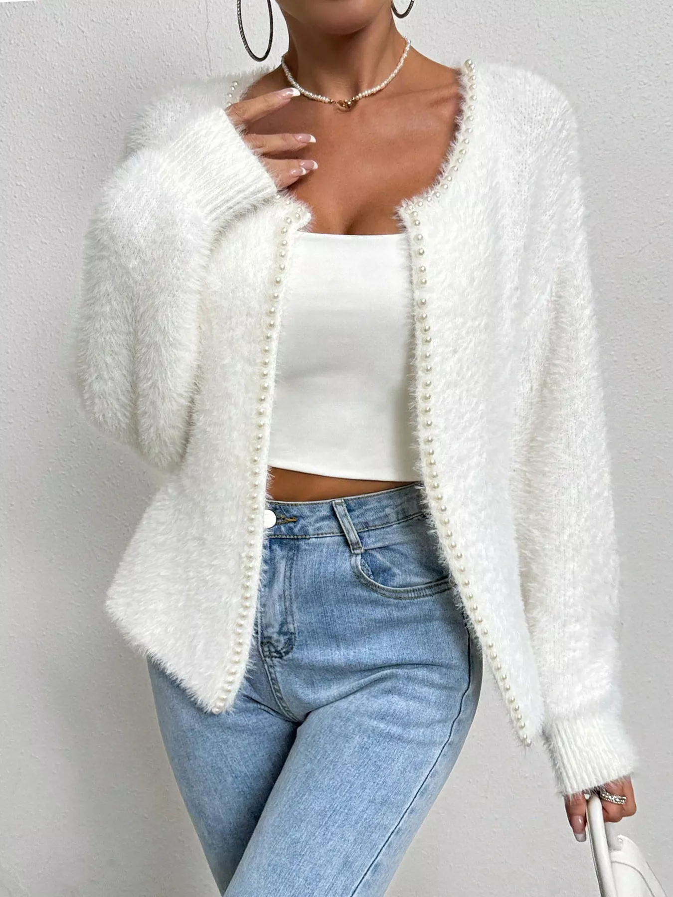 Pearl Trim Fuzzy Knit Cardigan - Image 2