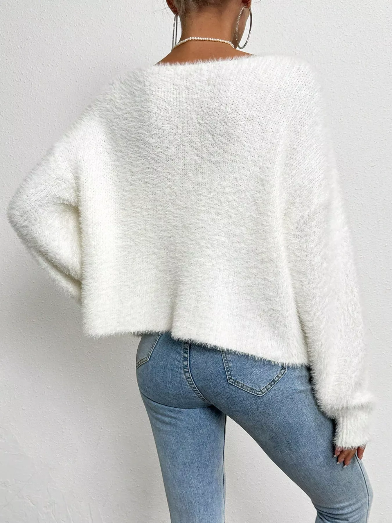 Pearl Trim Fuzzy Knit Cardigan - Image 3