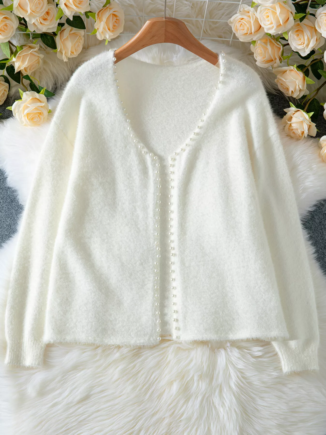 Pearl Trim Fuzzy Knit Cardigan - Image 6