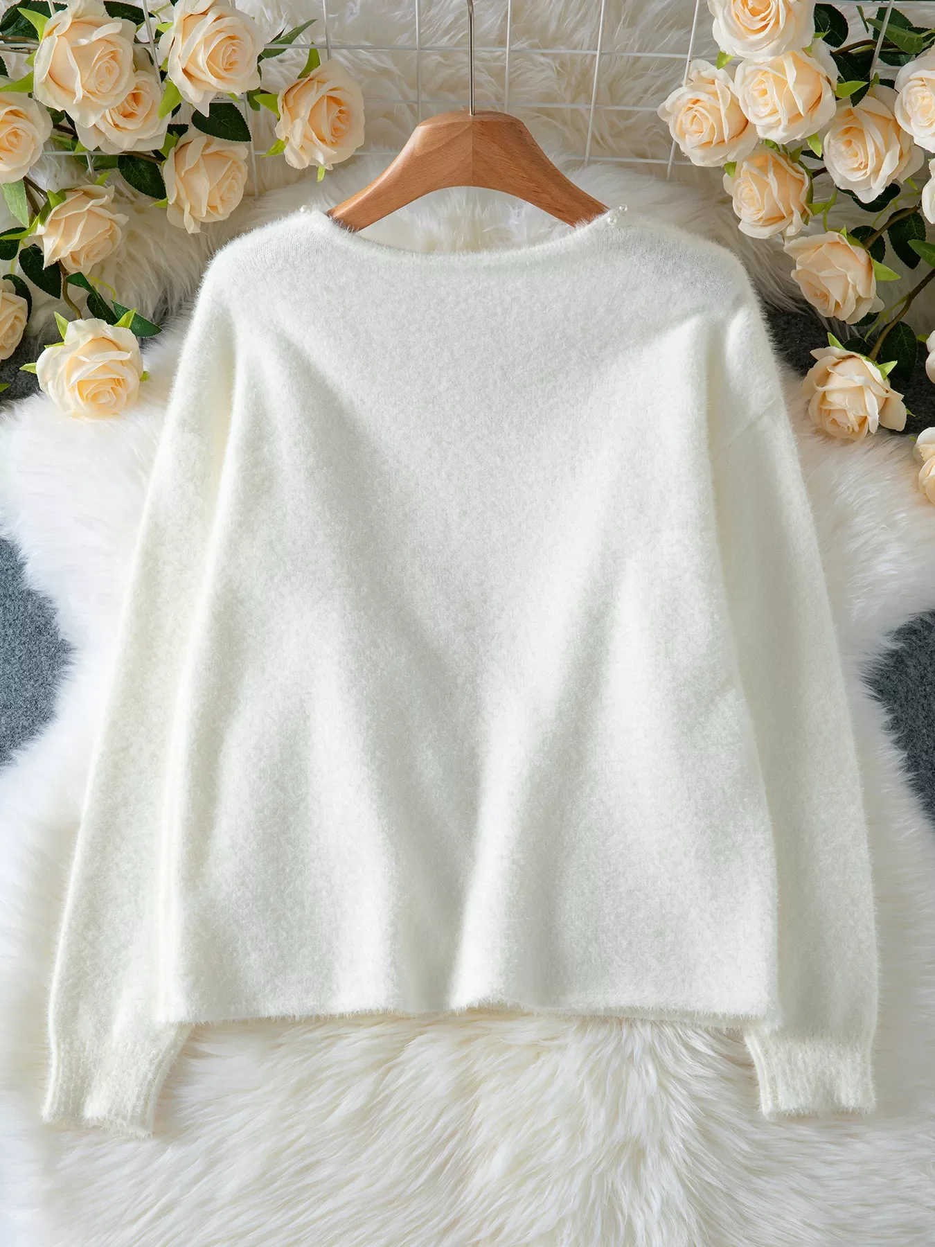 Pearl Trim Fuzzy Knit Cardigan - Image 7