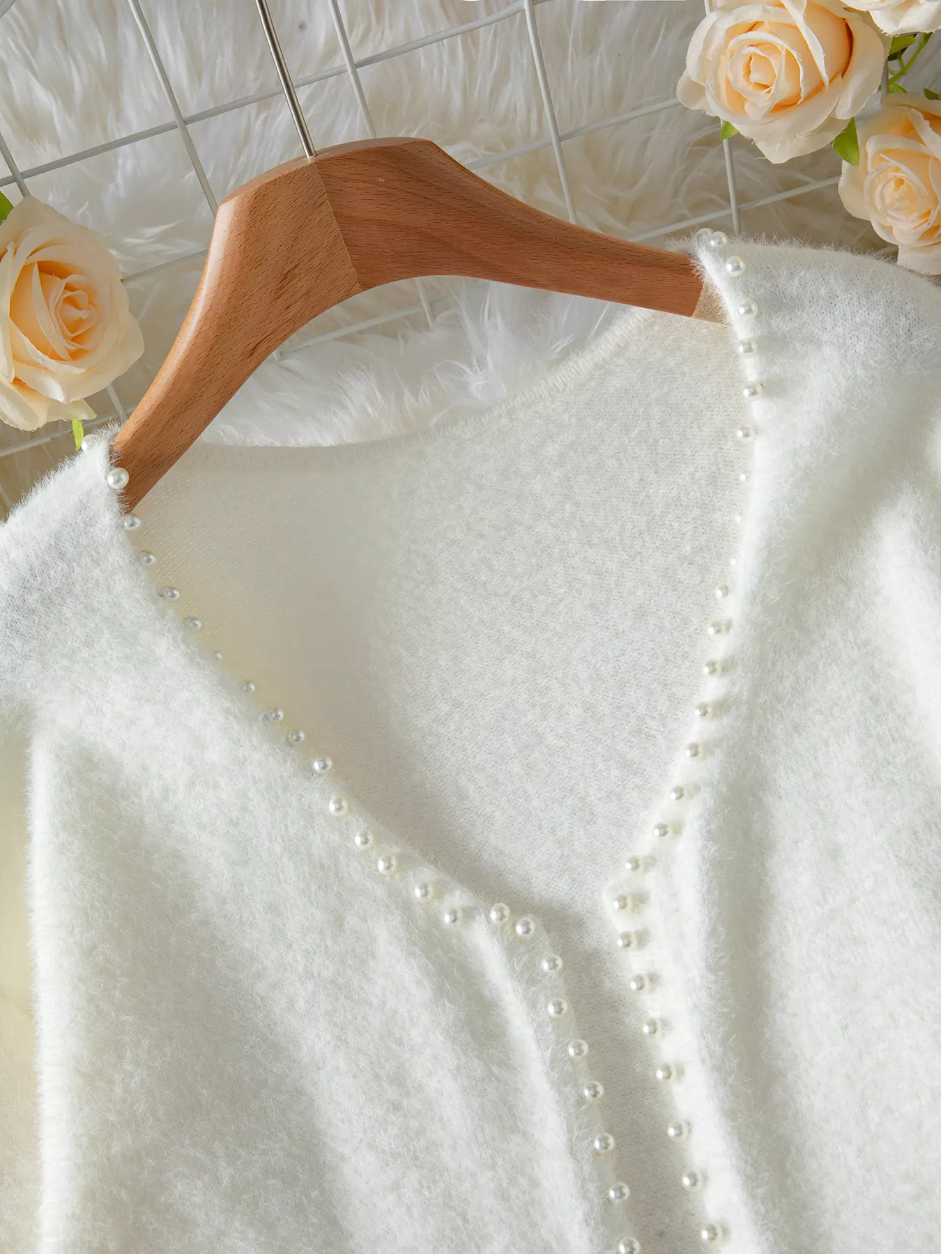 Pearl Trim Fuzzy Knit Cardigan - Image 8