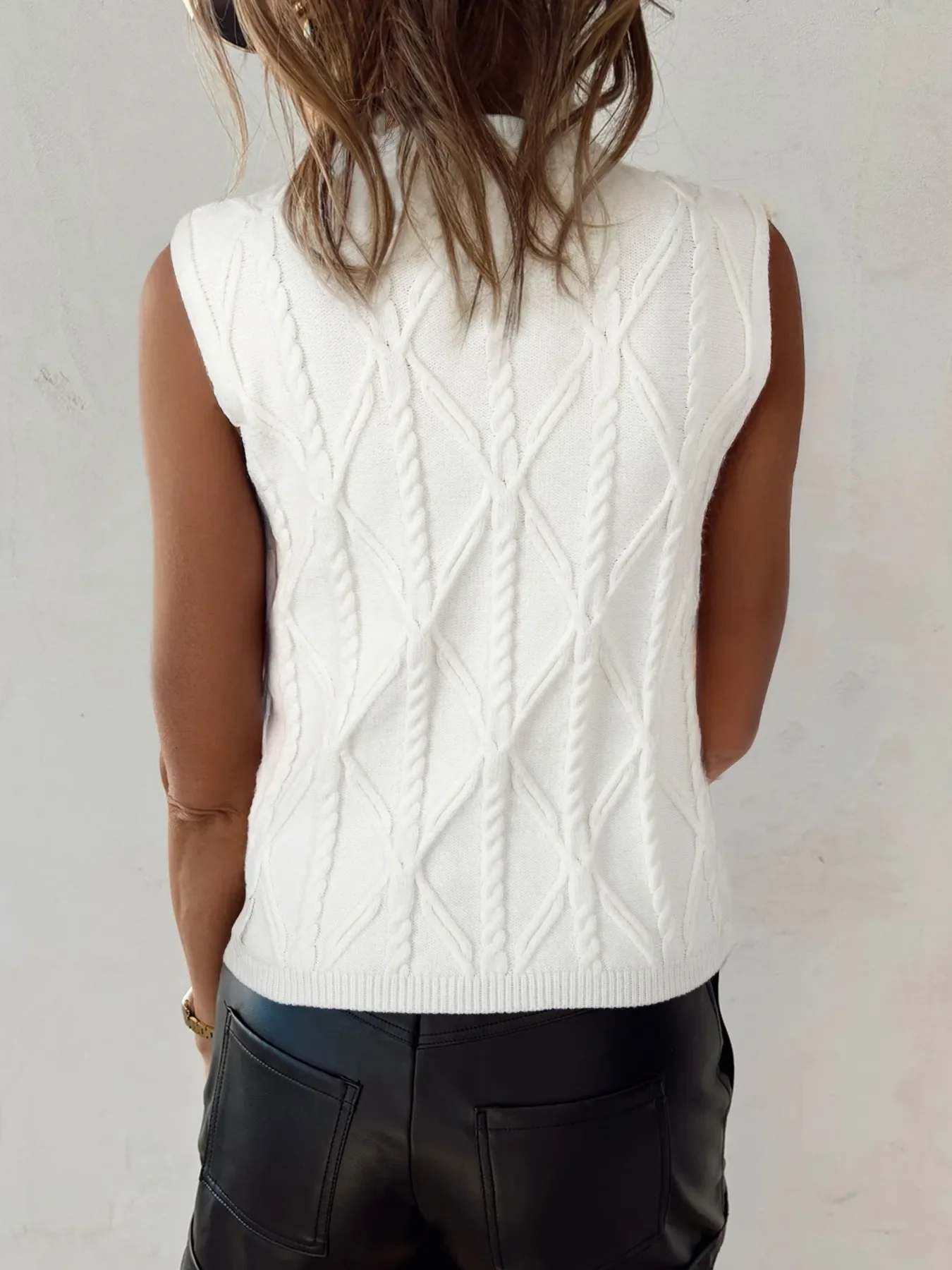Pearled Mock Neck Textured Knit Sweater Vest - Image 2