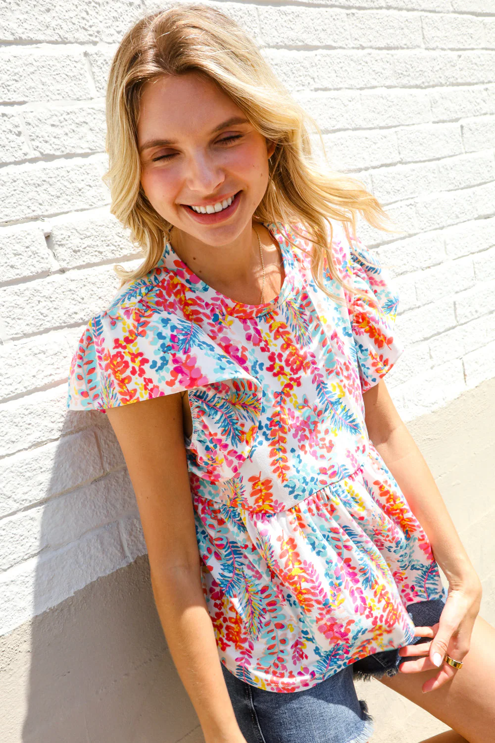 Perfect Find Ivory Floral Leaf Print Short Sleeve Babydoll Top - Image 7