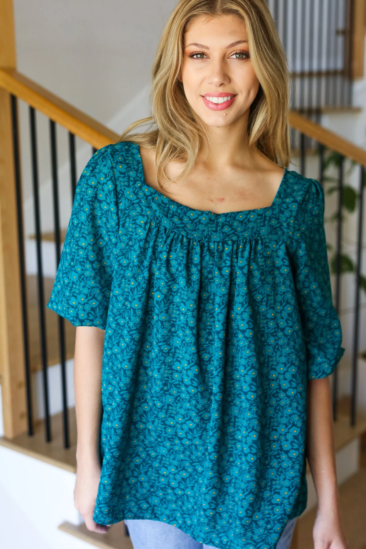 Perfectly You Teal Floral Three Quarter Sleeve Square Neck Top - Image 5