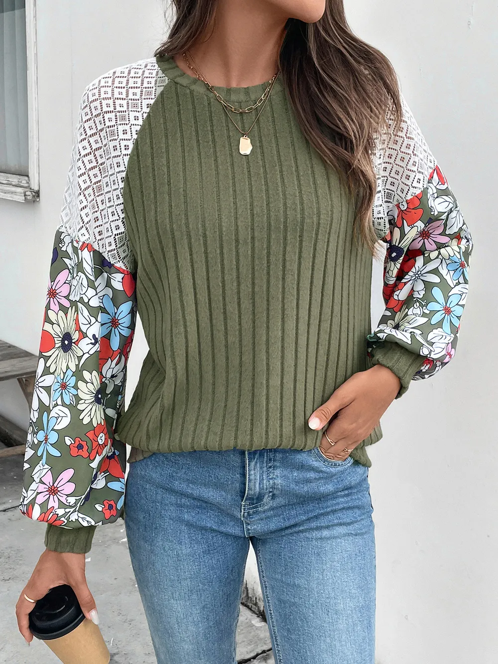 Perfee Printed Round Neck Long Sleeve Knit Top - Image 6